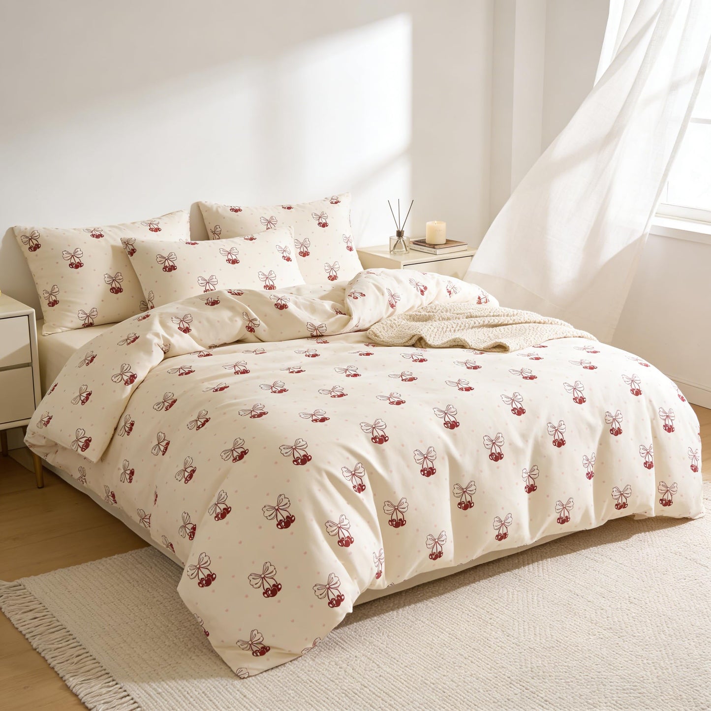 Sedefen Red Cherry Duvet Cover Queen Size Bow Duvet Cover Set Kids Boys Girls Cute Cartoon Bowknot Love Pattern Reversible Soft Breathable Bedding Set 3 Pieces with 2 Pillowcases