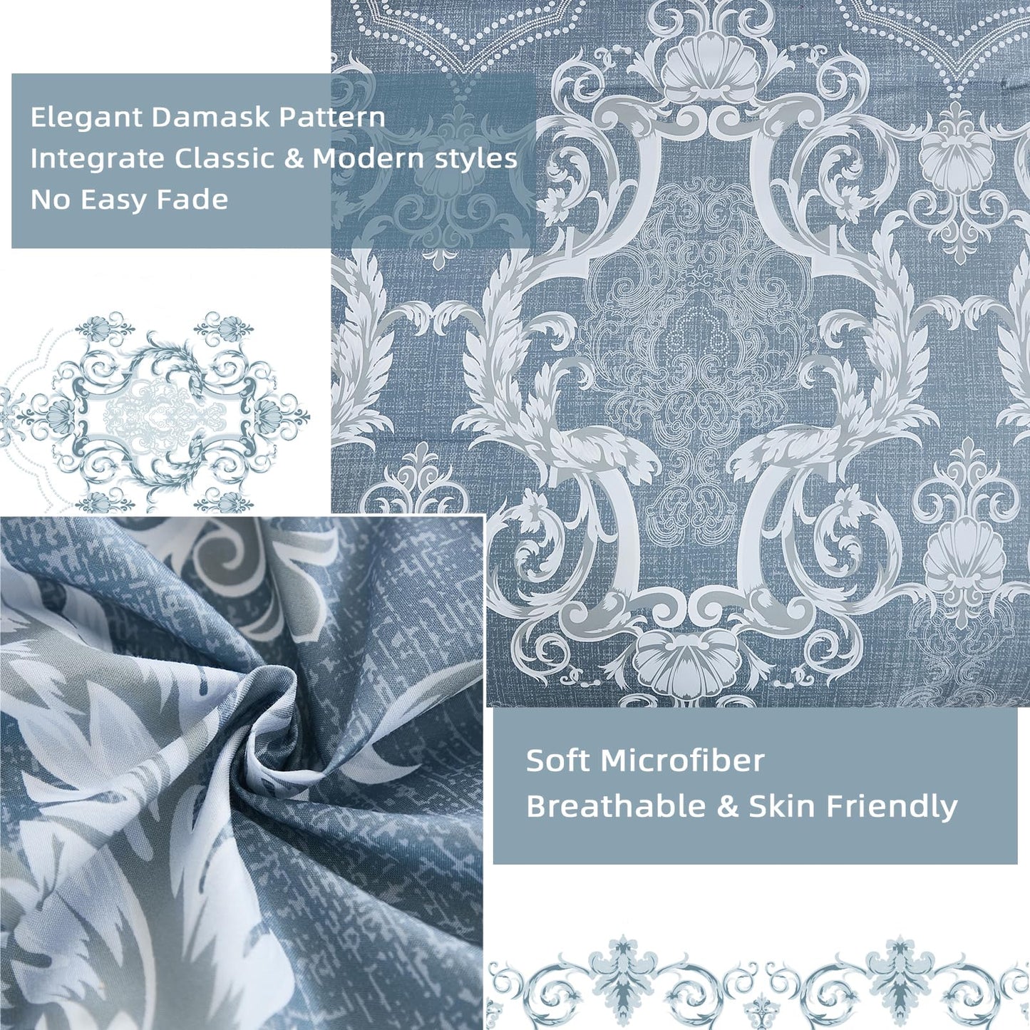 Mybedsoul Bluish Grey Queen Comforter Set, 7 Pieces Boho Bed in a Bag for Queen Bed, Damask Comforter with Sheets Pillowcases, Soft Microfiber Lightweight Bedding Sets for All Season(90"x90")