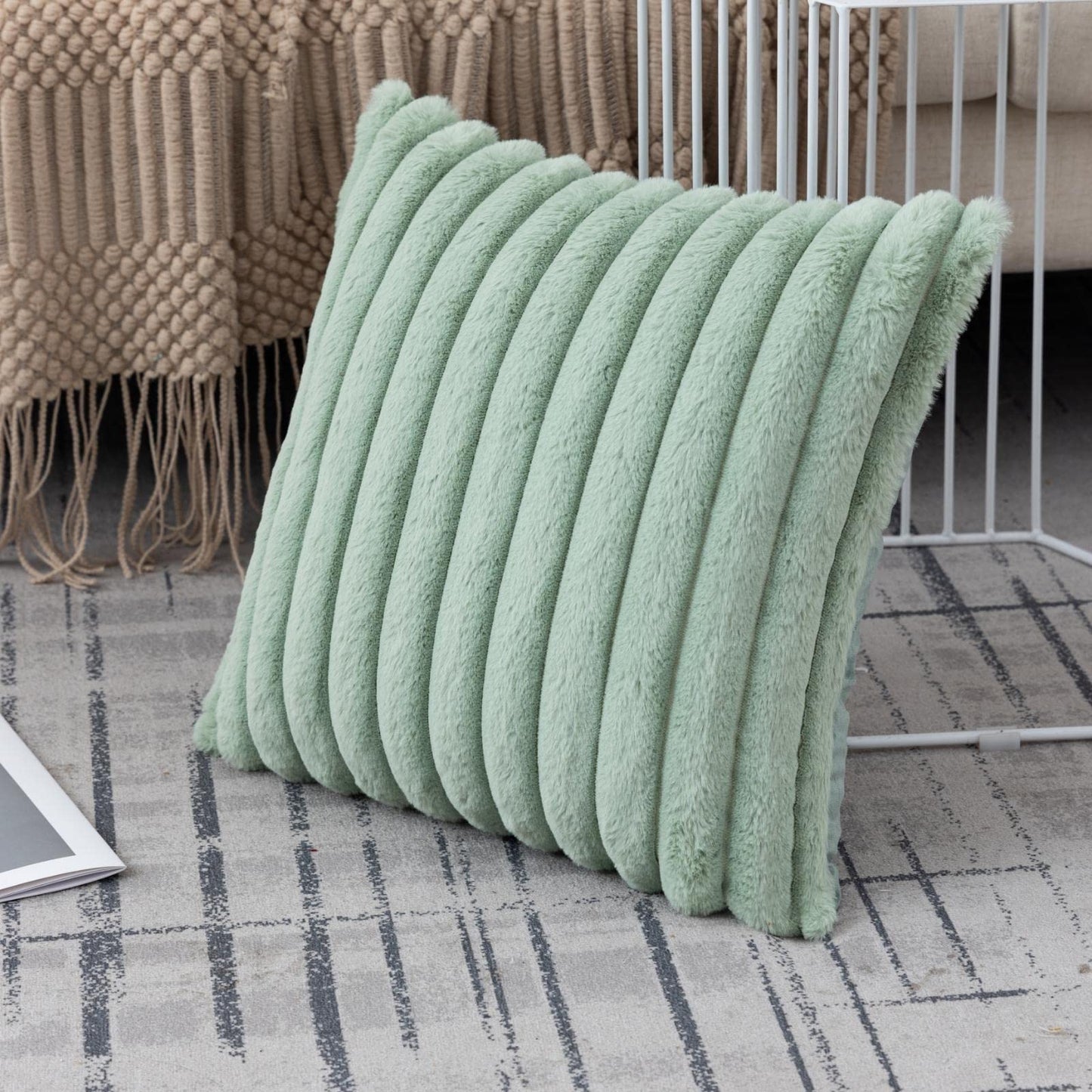ZLINA Set of 2 Light Green Faux Fur Decorative Throw Pillow Covers Fluffy Striped Pillowcase Cushion Covers 16 x 16 Inch Decor Sofa Couch Bedroom