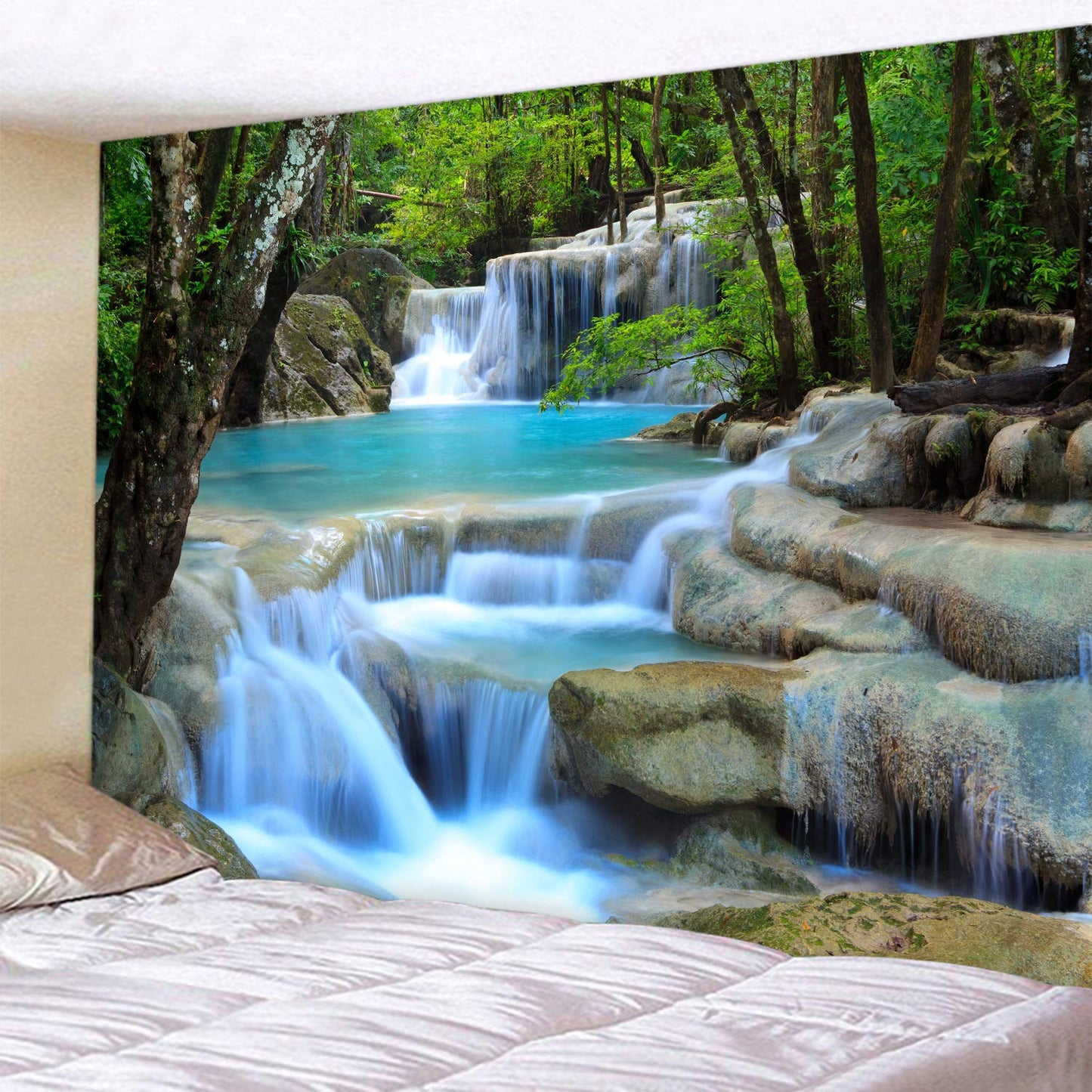 WODEJIA Forest Waterfall Fabric Tapestry Decorative Wall Art Tablecloth Bedspread Picnic Blanket Beach Throw Blanket Multifunctional for Bedroom Dormitory Living Room Hanging 79 x 59 Inches