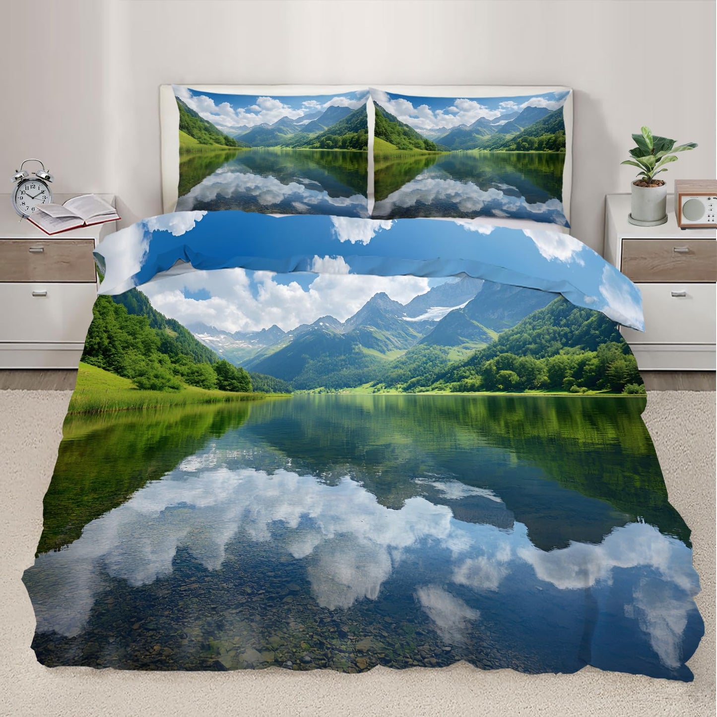 PAISUOQ Landscape Duvet Cover Full, Lakes and Mountains Bedding, Nature Landscape Comforter Cover with 2 Pillow Cases, 3 Pieces with Zipper & Ties, Bedroom Decor & Gifts