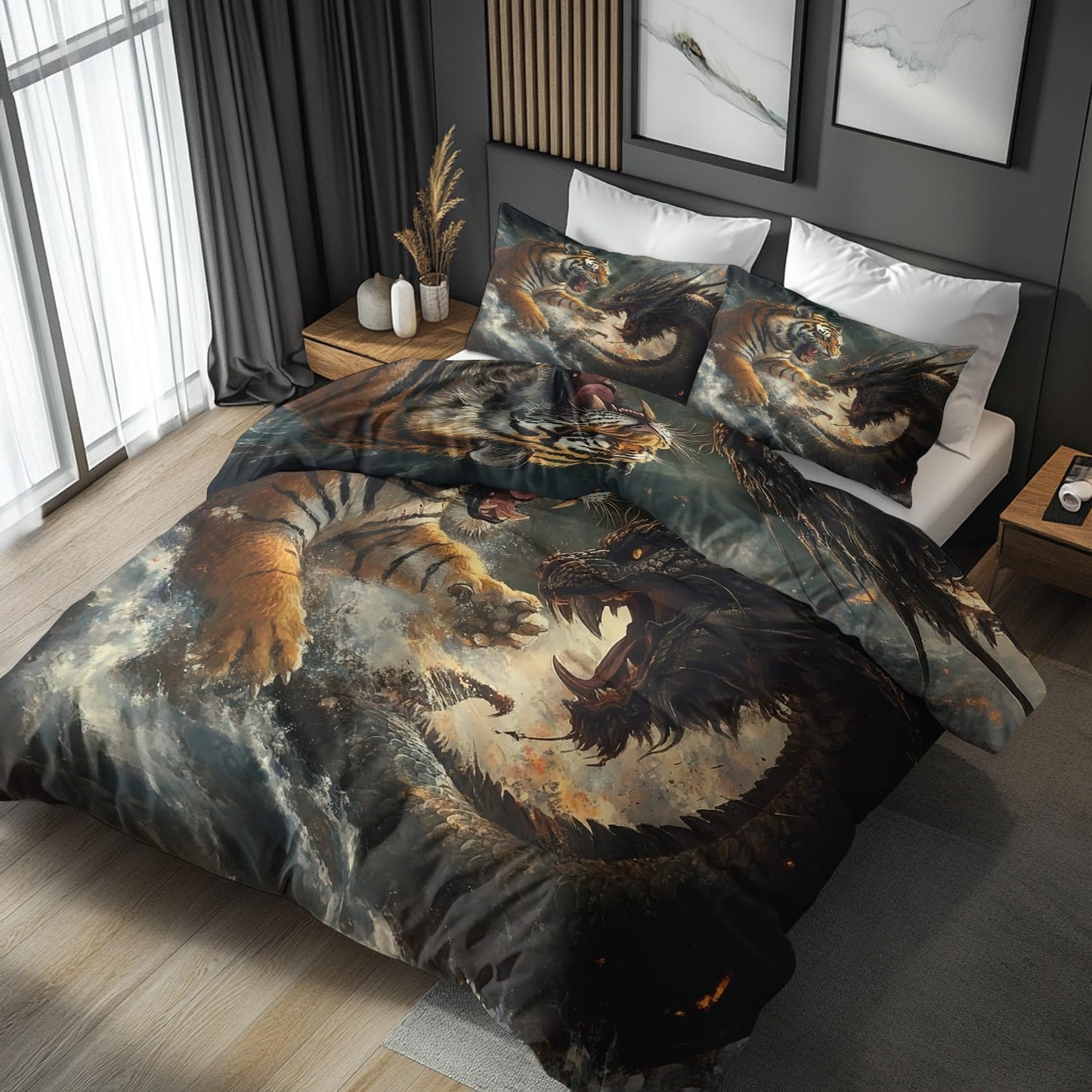 zcwl Tiger and Dragon Duvet Cover Oversized King Size | Fantasy Animal Bedding Set | 3 Piece | Soft Microfiber Patterned Comforter Cover with Zipper Ties & 2 Pillowcases | Mythical Bedroom Decor