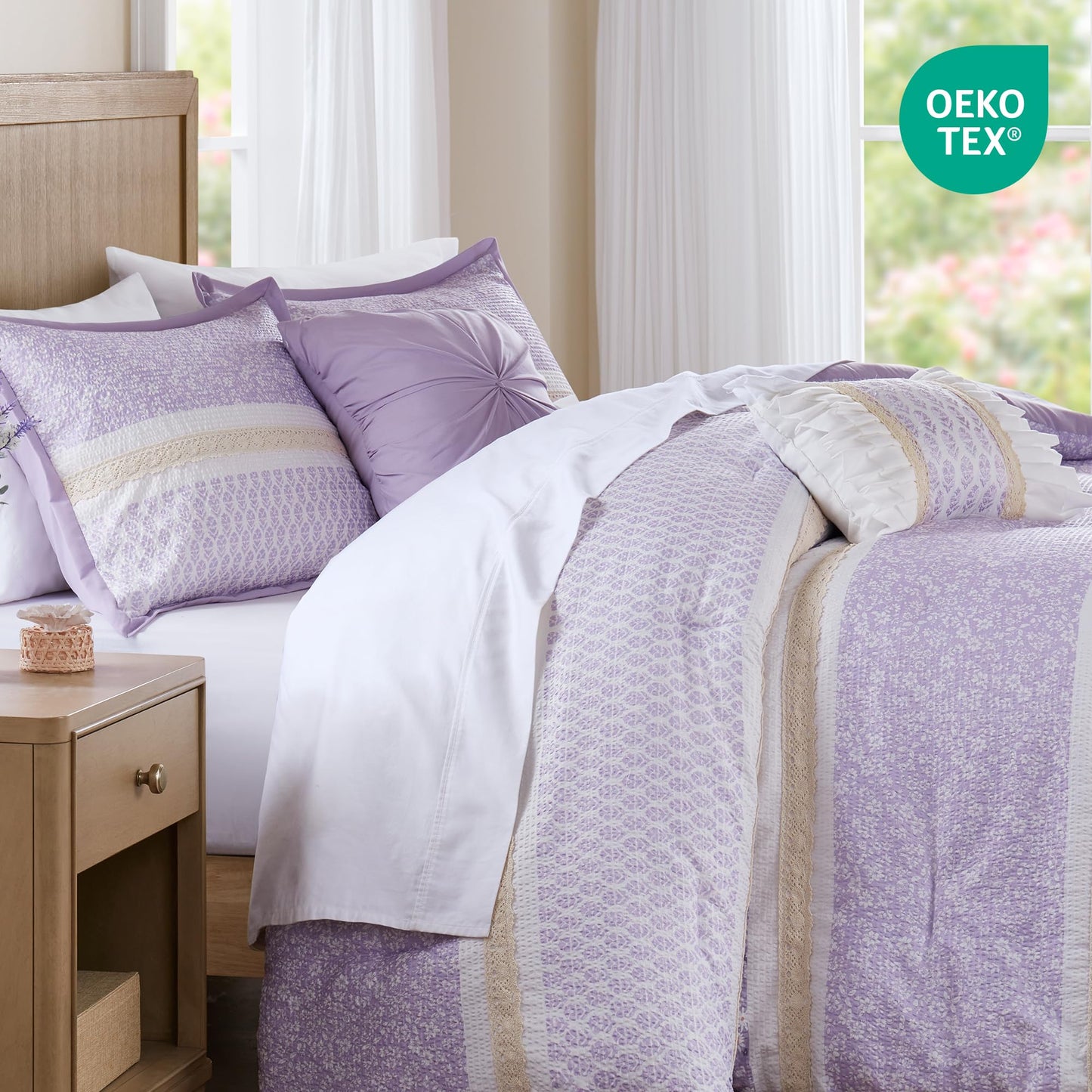 Madison Park Comforter Set, Seersucker Floral King Size Comforter Sets, Microfiber Comforters, All Season Lightweight Comforter, Throw Pillows, Caralie, King/Cal King Purple 5 Piece