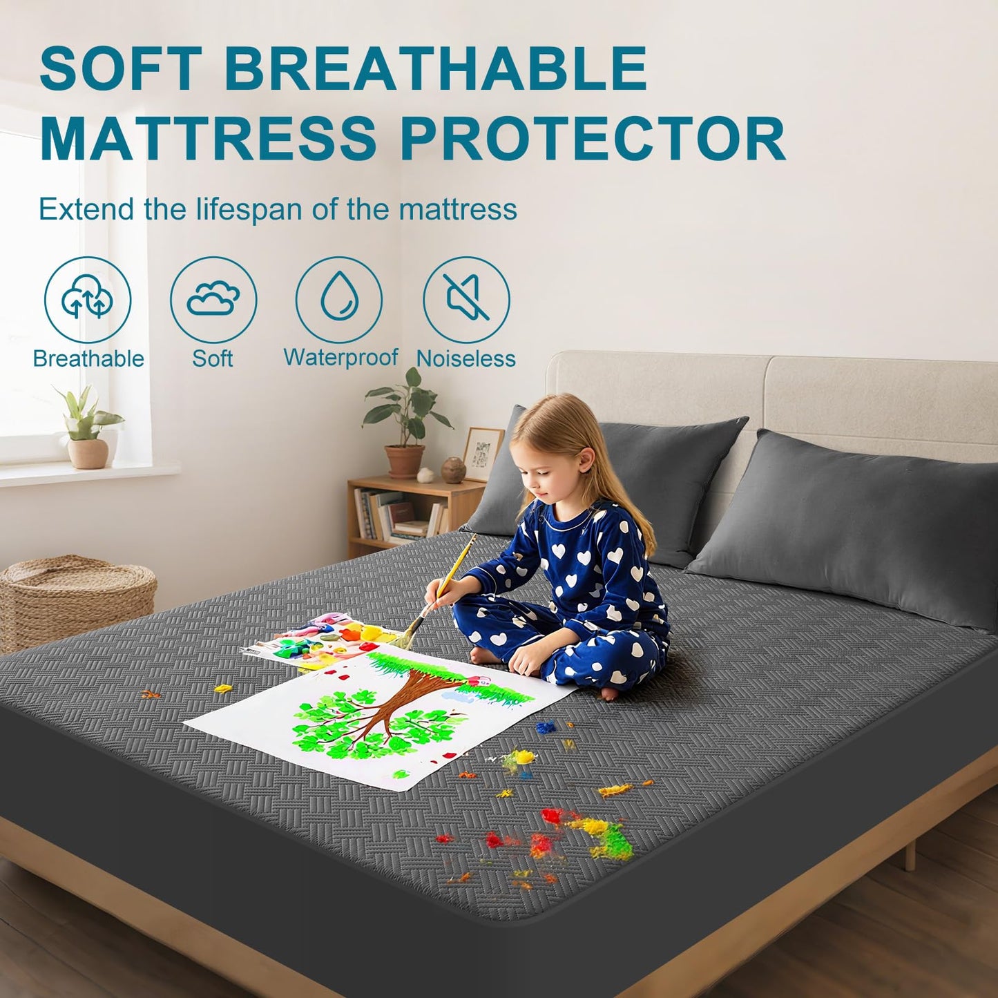 GOPOONY Waterproof Mattress Protector Queen Size - Breathable, Noiseless, Ultra-Soft Bed Cover, Mattress Pad Cover with Deep Stretchable Pockets 8"-21" (Gray)
