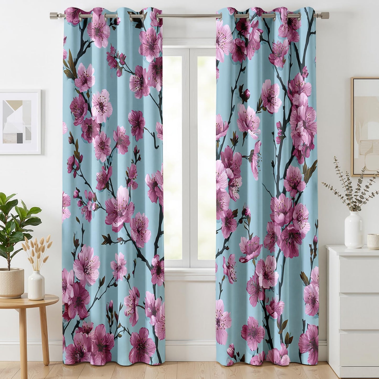 Mistwalk Cherry Blossom Curtains Blackout, 54 Inch Curtains for Bedroom & Living Room, Room Darkening Thermal Insulated Grommet Drapes, Girls Pink and Purple Floral Patterned Window Treatments