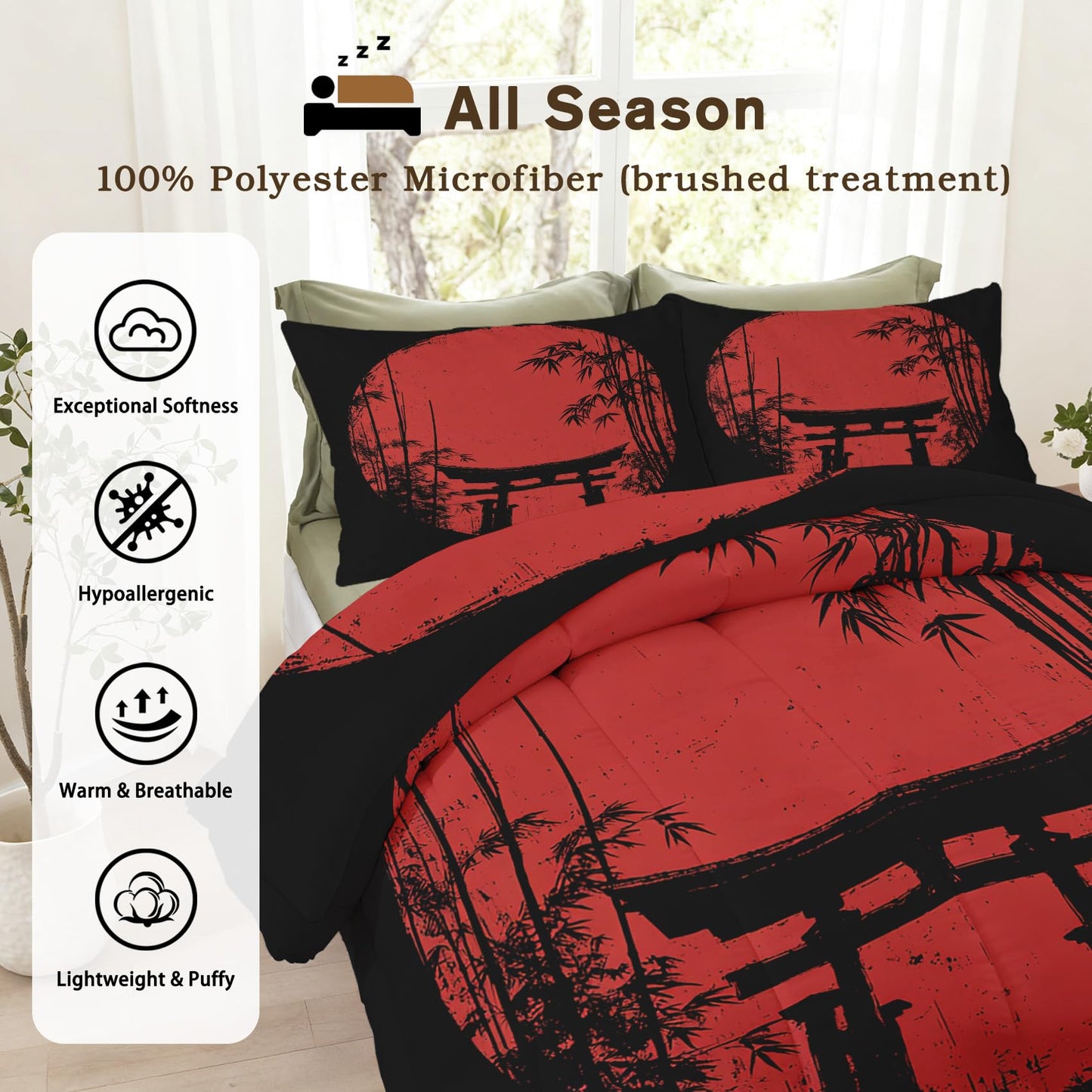 TANCAPRIUM Japanese Torii Comforter Set Queen - Red Sun Bedding Set & 2 Pilow Cases for All Season - Soft Reversible Down Alternative 3 Piece. Asian Bedrom Decor
