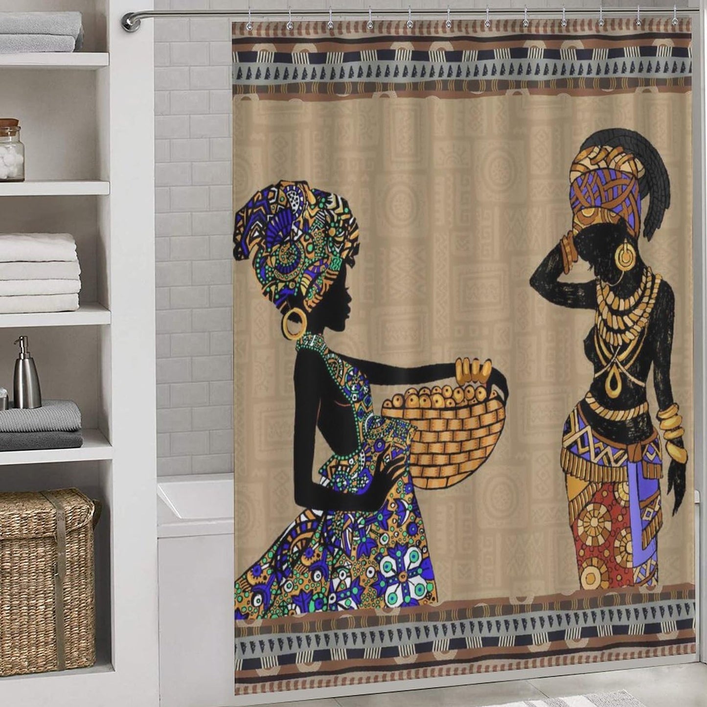 African Shower Curtain, Tribal Black Woman Bathroom Curtain Set, 72"x72"