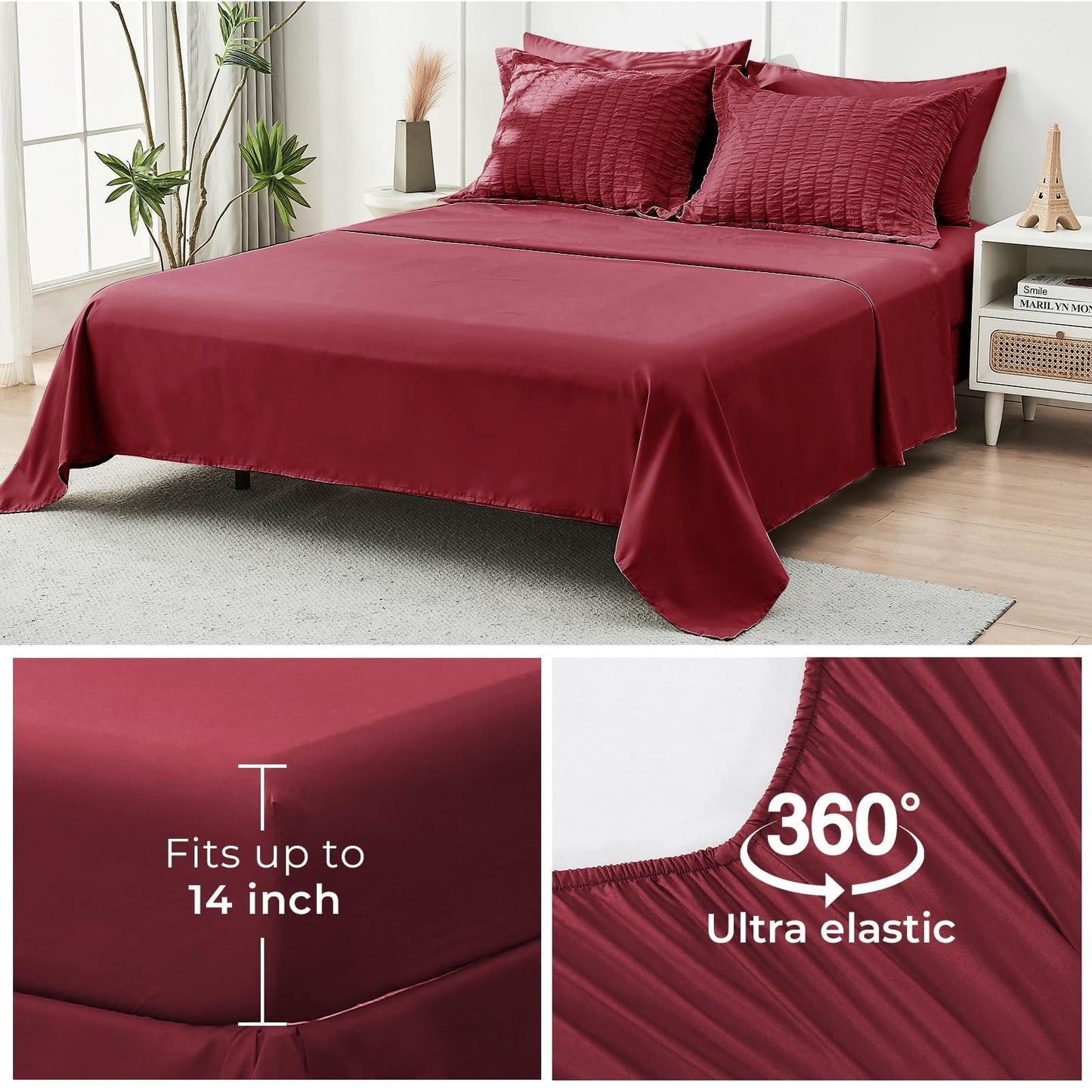 HYMOKEGE Burgundy Oversized Queen Comforter Set Seersucker 7 Pieces, All Season Luxury Bed in a Bag for Bedroom, Bedding Set with Comforter, Sheets, Pillowcases & Shams