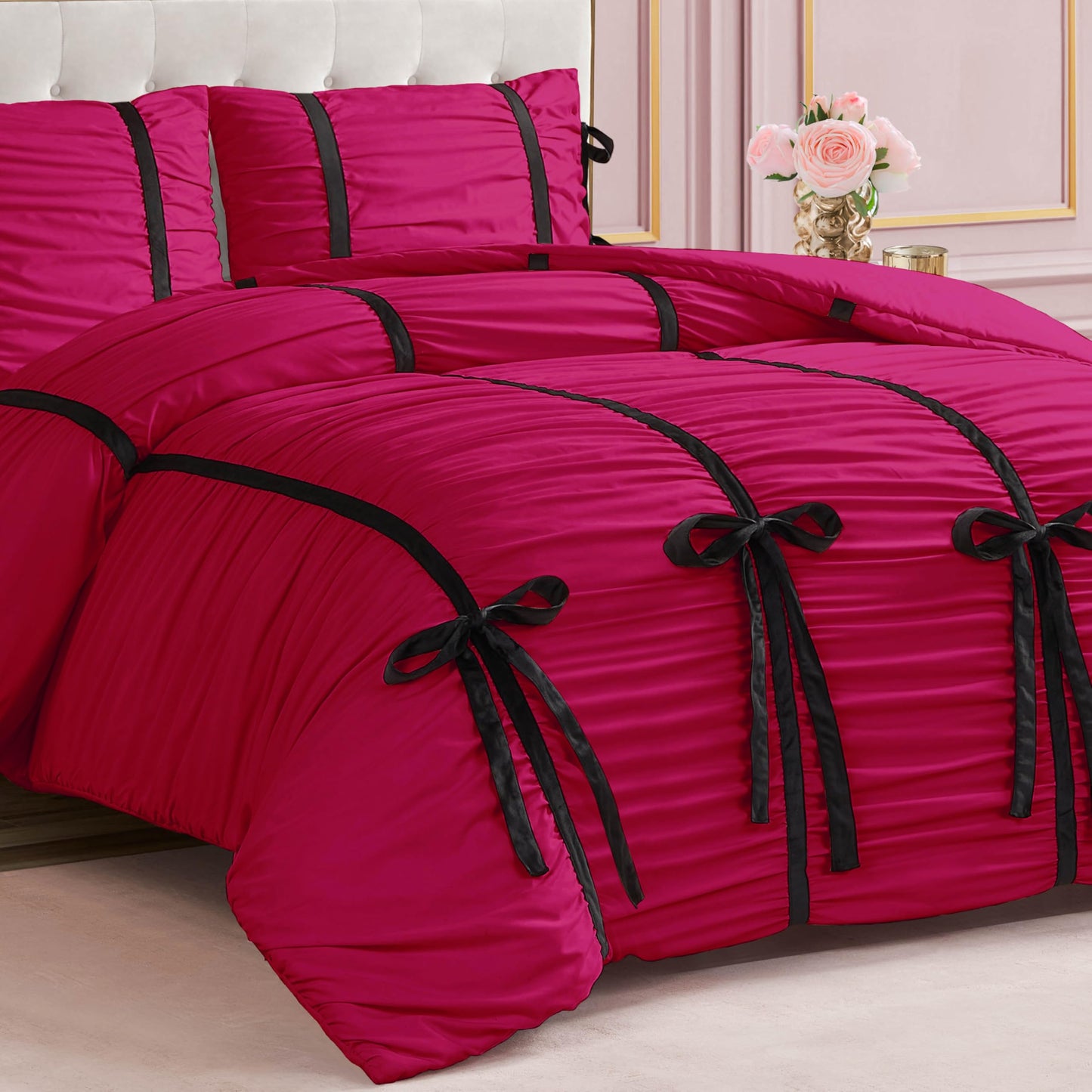 Juicy Couture Hot Pink Amelie Velvet Bows Ruched King Comforter Set - 3 Piece Stylish Bedding Ensemble