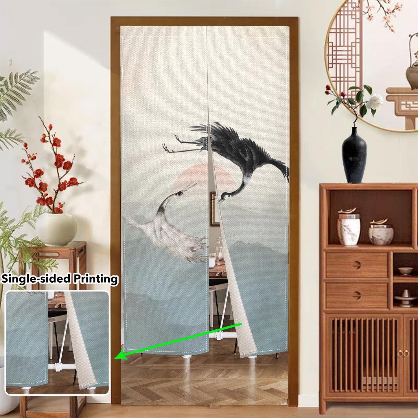 Leowefowa Long Noren Japanese Doorway Curtain Traditional Painted Mount Door Curtains Tapestry Treatment Long Doorway for Hanging Room Privacy Partition Kitchen Home Decor(Sun, Cranes), 33.5"x 70.9"