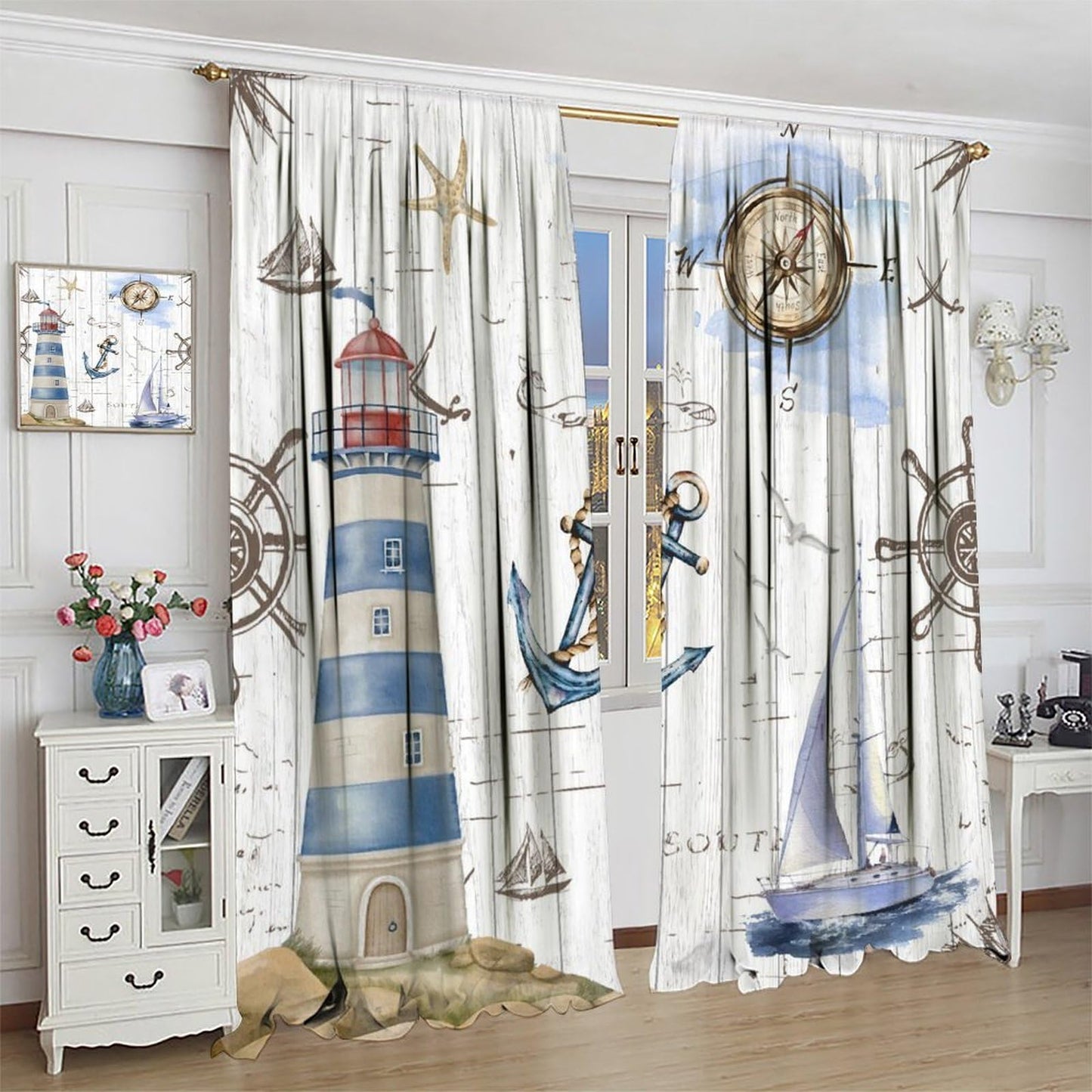 Nanacur Lighthou Nautical Map Curtains, Ocean Vintage Adventure Compass Anchor Shell Rod Pocket Window Treatment for Kids Bedroom Living Room Kitchen Drapes 41" W X 45" L (No Blackout)