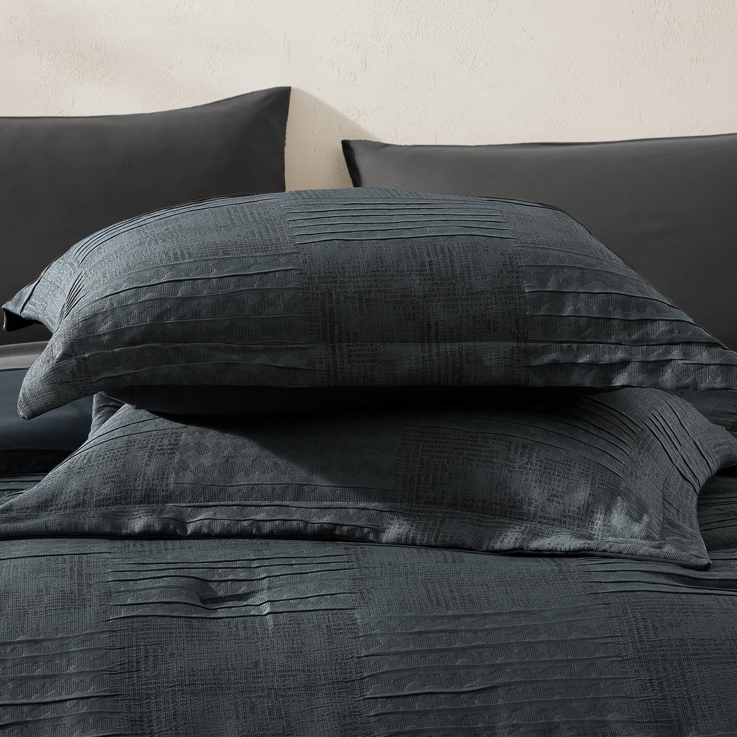 MaiRêve Queen Comforter Set Blue Grey, Textured Design Crinkle Bedding Sets 7 Pieces, All Season Bed in A Bag with Comforter, Sheets, Pillowcases & Shams