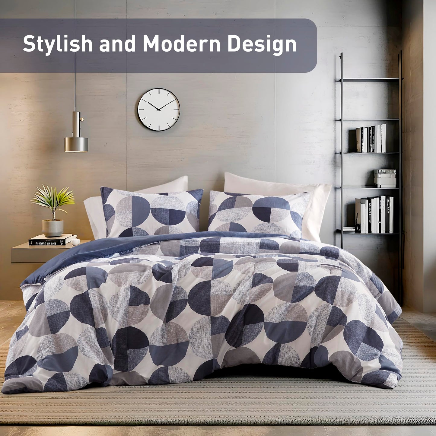 Regency Heights Stylish Three-Tone Printed King Size Comforter Set, 3 Pieces Ultra-Soft Microfiber Bedding Set, Warm and Cozy Comforter for All Seasons, Navy Blue & Grey