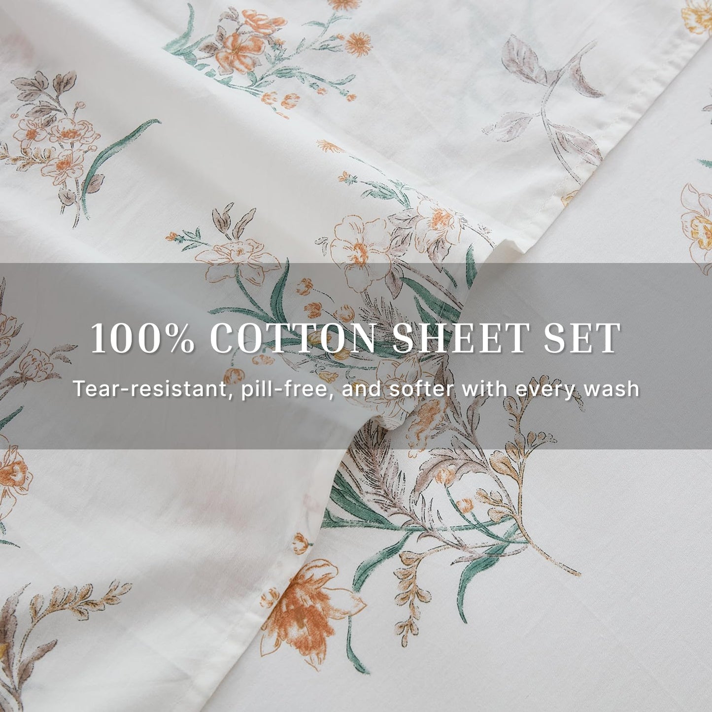 Cozaline 100% Cotton Sheet Set King Size – 4-Piece Shabby Chic Floral Bedding Set, Soft Breathable Percale Weave, Deep Pocket Fitted Sheet 17.5", Crisp Cool Feel, Refined Botanical Elegance