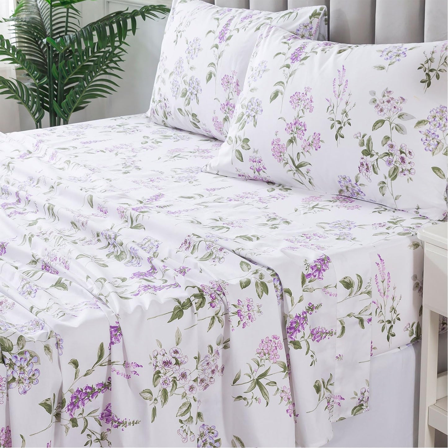 FADFAY Twin Sheet Set 100% Cotton Teal Green Leaf Pattern Printed Bed Sheets, Botanical Sheets Leaves Pattern Modern Minimalist Bedding, Soft Crisp & Breathable Luxury Deep Pocket Fitted Sheet, 4Pc