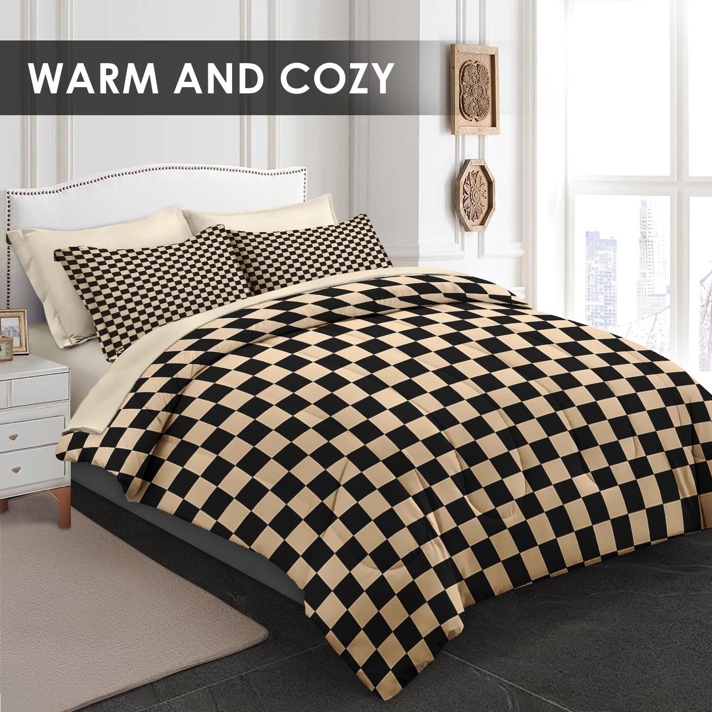 Checkerboard Grid Geometric Plaid Khaki Black Comforter Set 7 Pcs Full Size Quilt, Checkered Geometric Retro Soft Bedding Set with Flat and Fitted Sheet Pillowcases Sham for Adults Bedroom Bed Decor