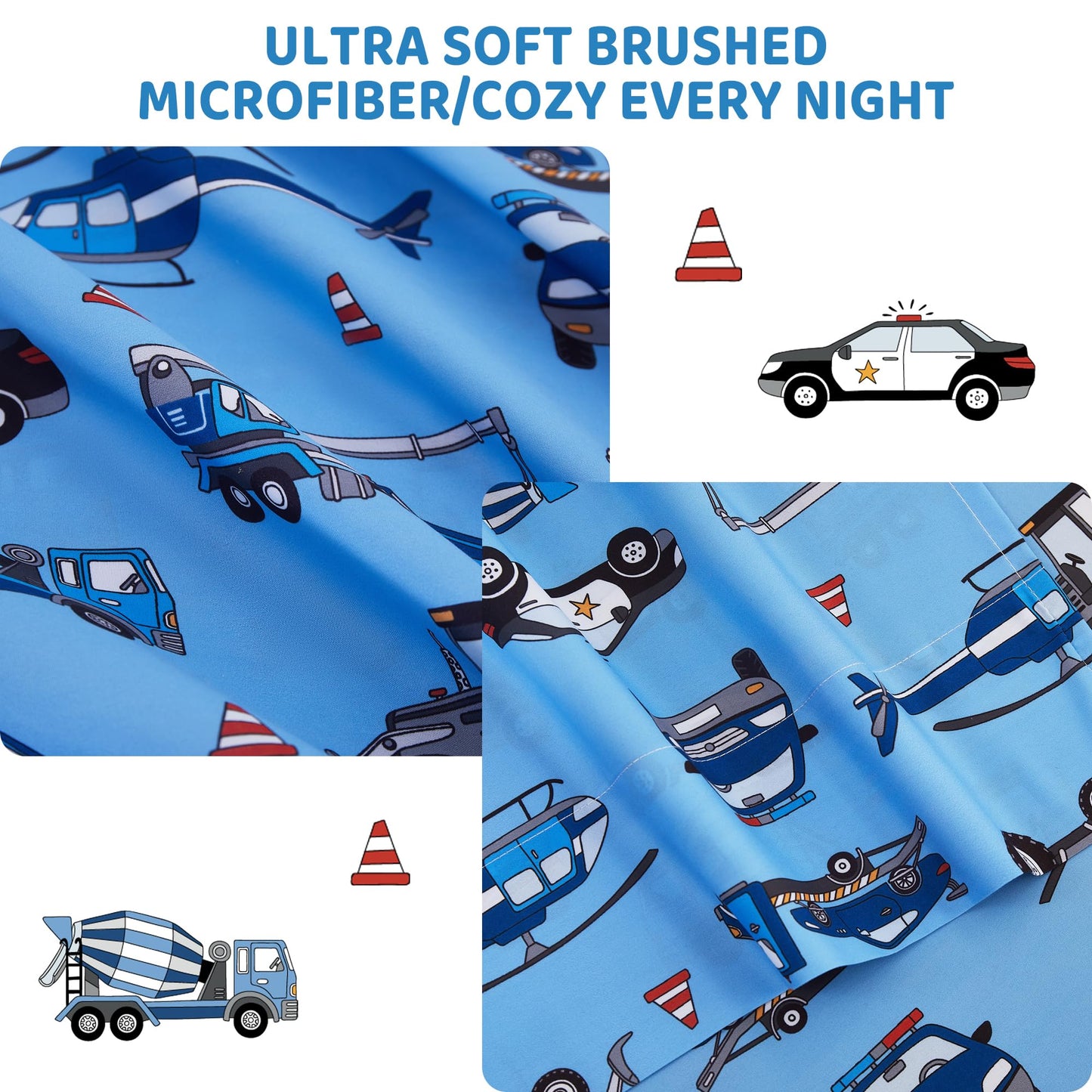 Viviland 3 Pieces Boys Police Car Twin Sheet Set - Soft Microfiber Fitted Flat Sheets & Pillowcase Bed Sheet Set - Blue Airplane Print Bedding Sets for Kids