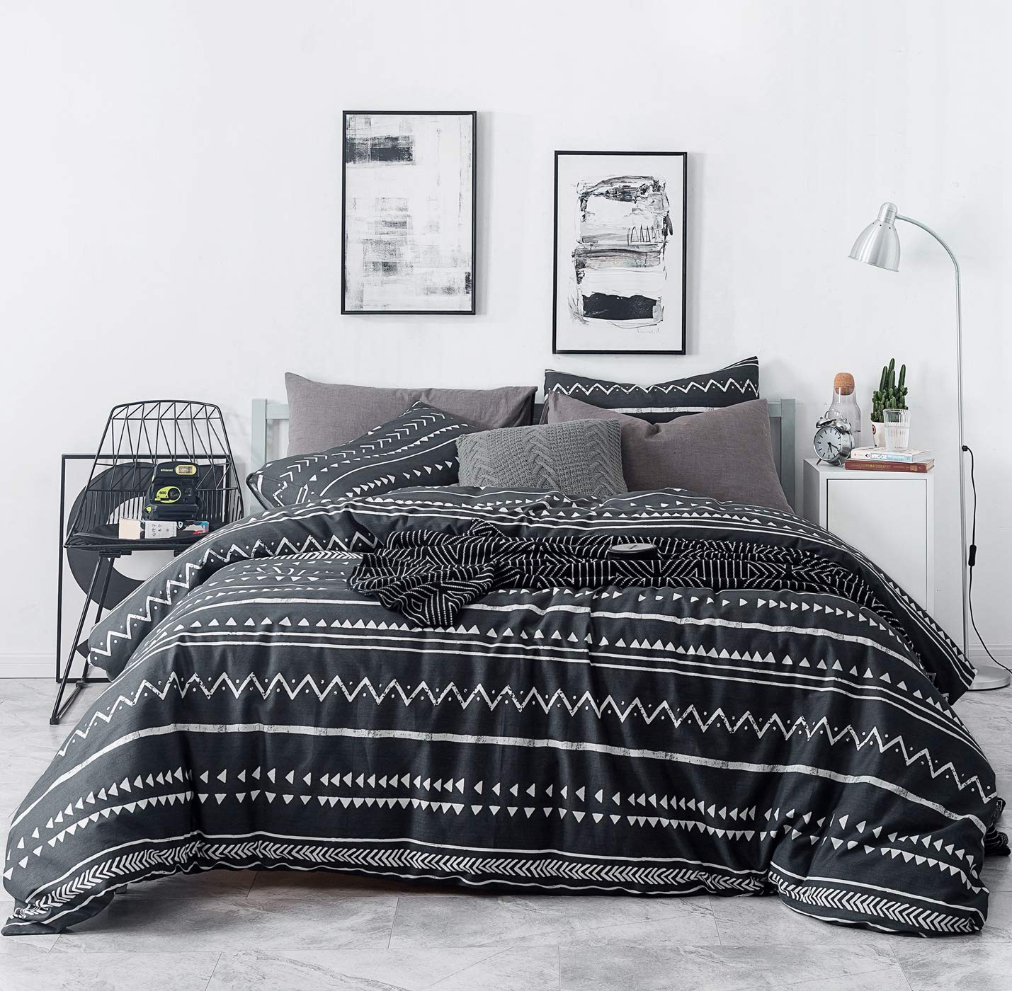 SUSYBAO Black White Boho Duvet Cover Queen 100% Cotton 3 Pcs Set 1 White Aztec Striped Duvet Cover with Zipper Ties 2 Pillowcases Southwestern Bohemian Triangle Geometric Bedding Set Soft