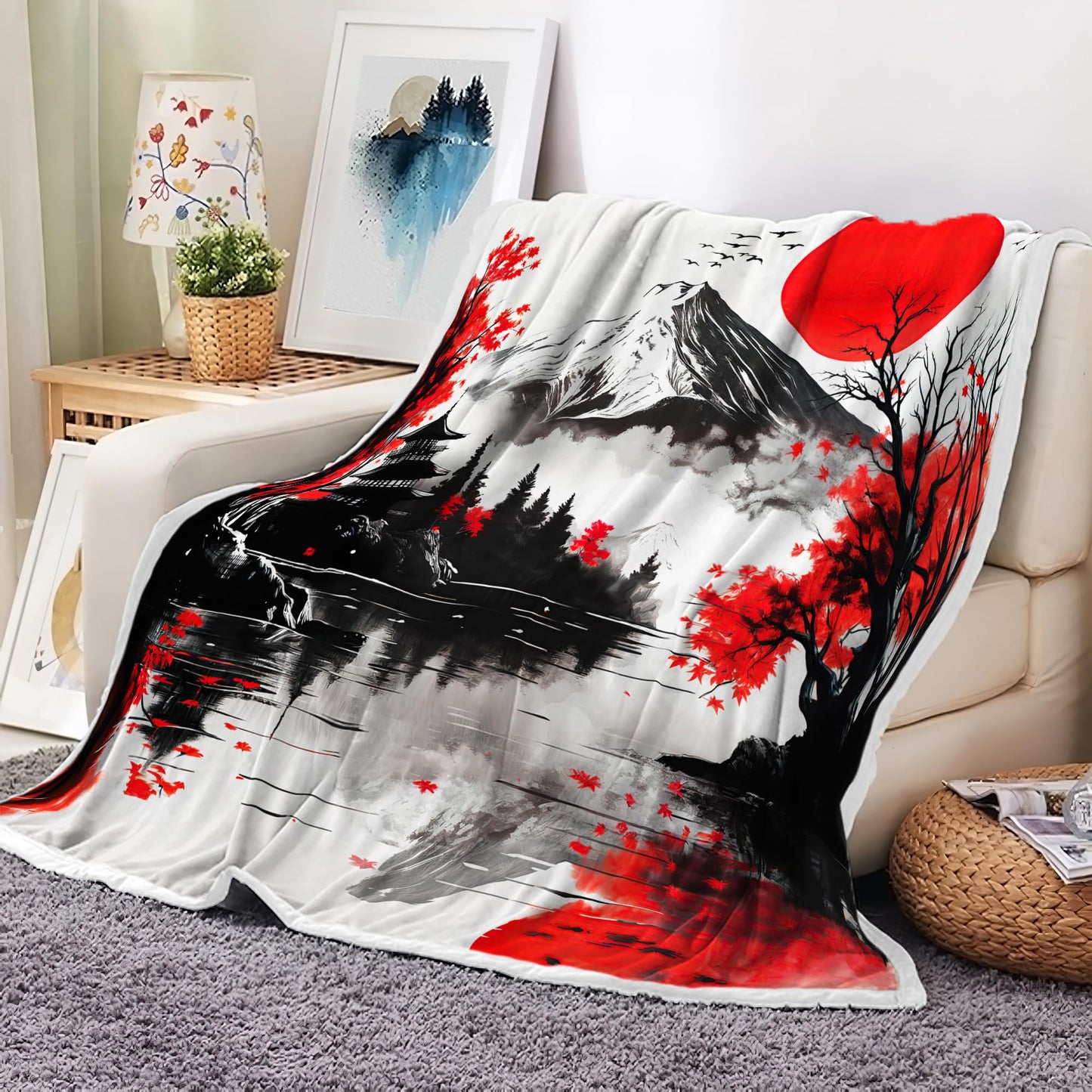 DYNH Japanese Mount Fuji Red Maple Leaf Red Sun Lake Reflection Torii Gate Ink Painting Style Throw Blanket, Cozy Fleece Blanket for Couch Bed Sofa, Asian Decor Gift for Bedroom Living Room,50X60
