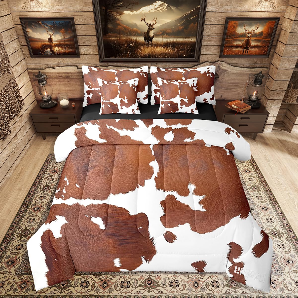 Erosebridal Brown Cowhide King Bedding Set 7 Piece for Boys Cute Cow Print Bed in A Bag for Kids Teens Youth Adult Western Animal Hair Comforter Set with Sheetrustic Farmhouse Bed Sets