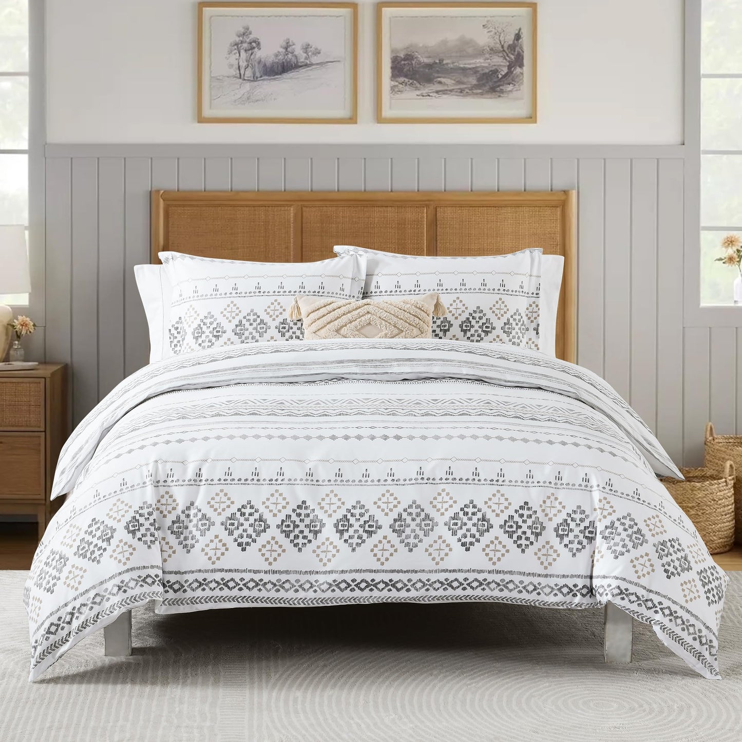 VOOVY Duvet Cover King - 100% Cotton Boho Duvet Cover King Size, 3 Pieces Bohemian Geometric Lightweight Soft Breathable Bedding Duvet Covers Set for All Season (Charcoal, 104"x90", No Comforter)