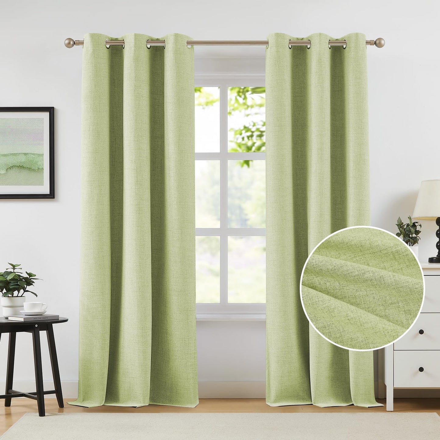 Melodieux Sage Green 100% Blackout Linen Curtains 84 Inch Length 2 Panels Set, Living Room Darkening Thermal Insulated Grommet Curtains, Bedroom Natural Farmhouse Burlap Textured Drapes, 42x84 inch