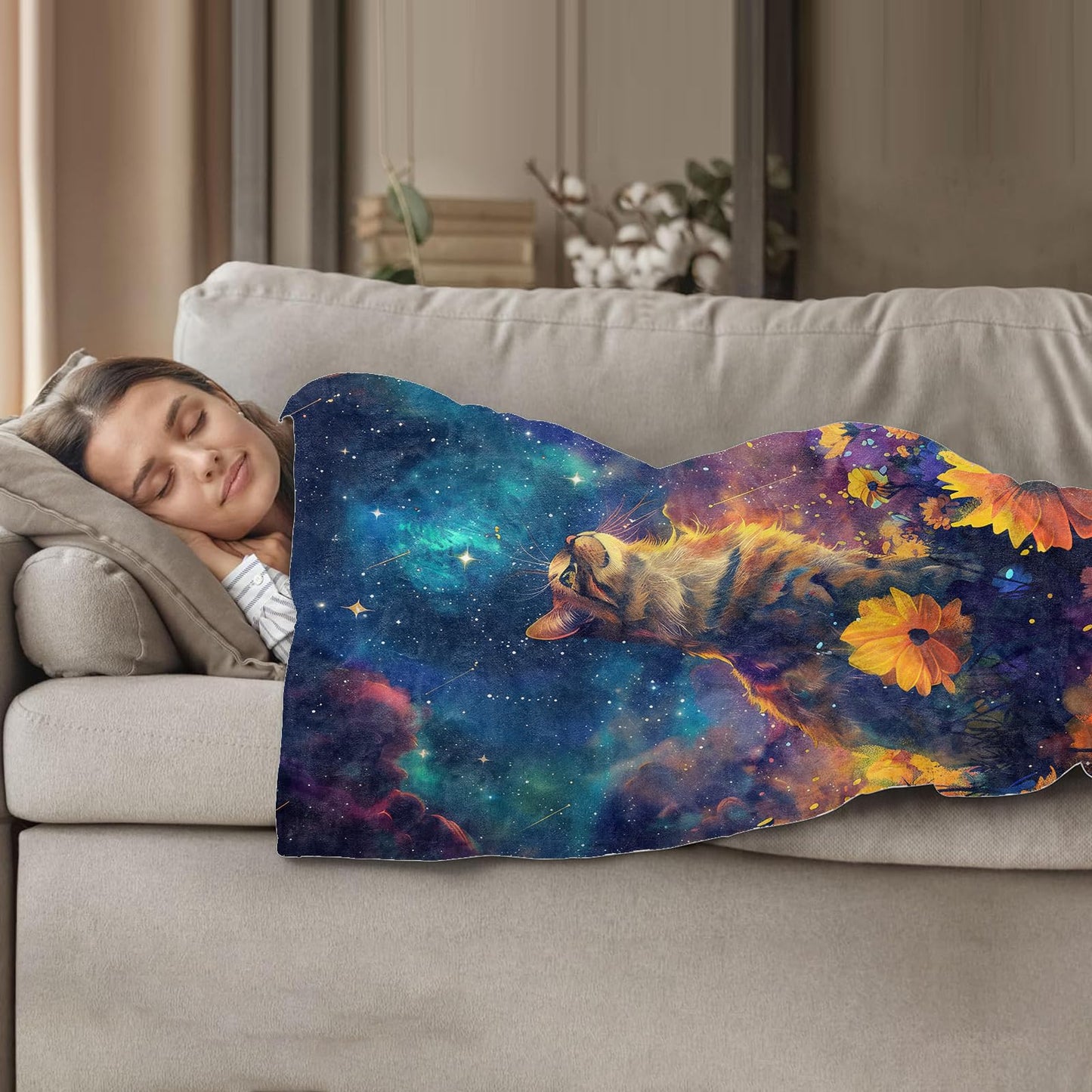 Plistiz Galaxy Cat Throw Blanket for Women Girls Boys, Soft Flannel Blankets Gifts for Living Room Couch, Home, Sofa Decor, 50"x60"