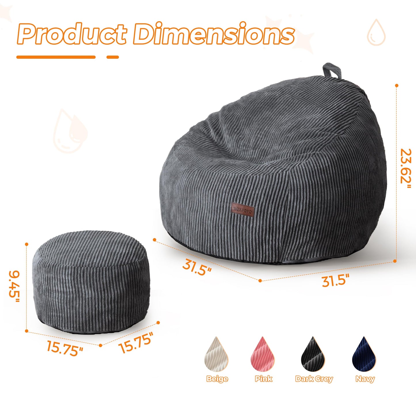 MAXYOYO Kids Bean Bag Chair with Ottoman, Soft Floor Bean Bag Sofa, Dark Grey