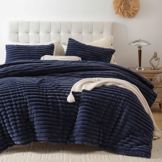 Smoofy Fluffy King Size Comforter Set 3 Pieces - Navy Blue Fleece Fluffy Comforter Set, Luxury Fuzzy King Bedding Set, Soft King Bed Set All Season, Heavy Faux Fur Comforter with 2 Pillow Cases