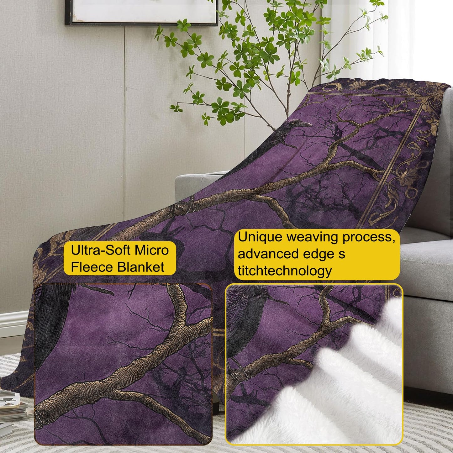 VANZEV Gothic Raven Fleece Blanket Gifts for Adults and Teens, Dark Fantasy Art Cozy Throw Blanket, Soft Warm Plush Blanket with Intricate Frame Design for Home Halloween Decor, 50x60 inches