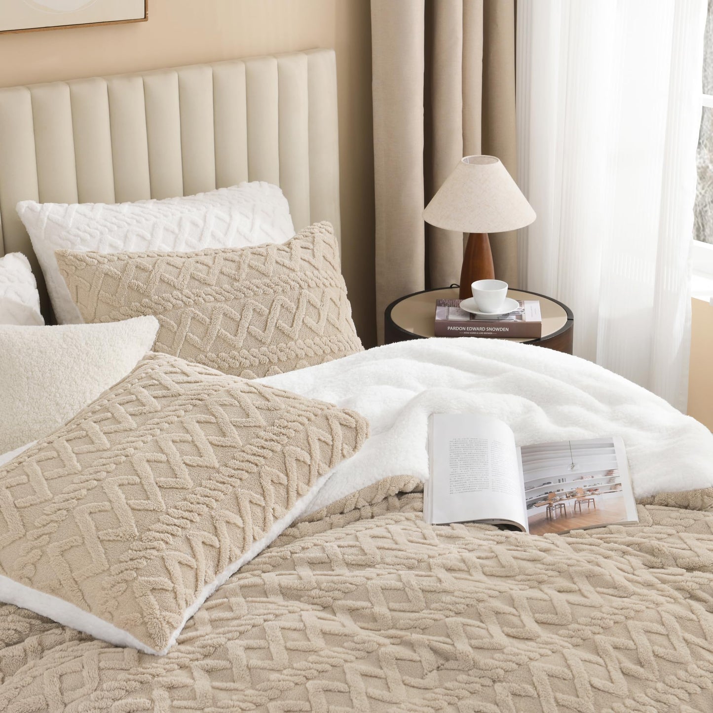 Andency Fluffy Sherpa Full Comforter Set, Super Soft Beige Fleece Warm Bedding for Winter, Luxury Jacquard Boho Thick Fuzzy Plush Bed Set 3 Pieces(1 Shaggy Comforter, 2 Pillowcases)