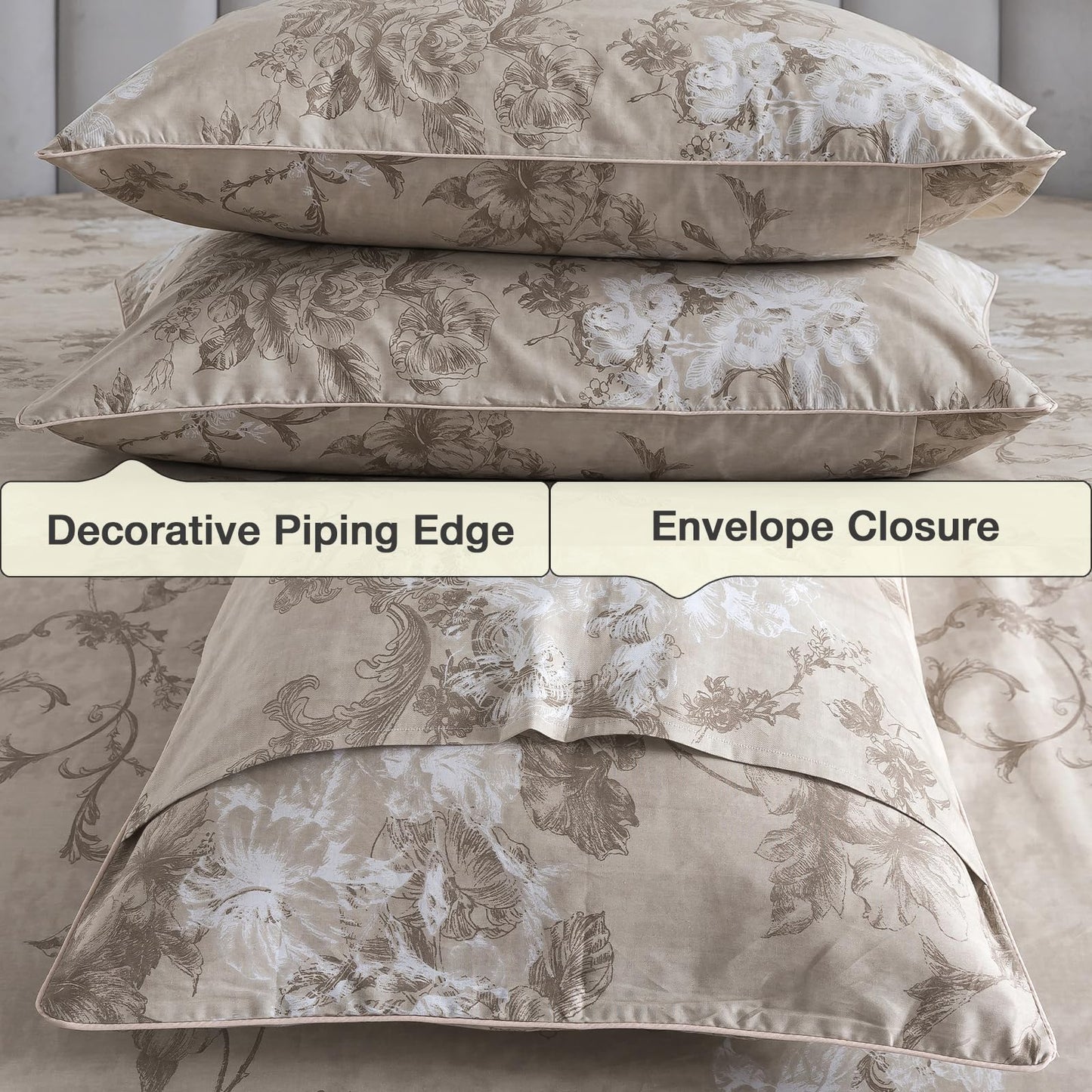 Puralens Dark Beige Moody Floral Duvet Cover, King 100% Cotton Percale Neutral Flower Comforter Cover Set, Shabby Chic Cottage Reversible Toile Bed Cover Set with Ties, Farmhouse Zipper Bedding, 3Pcs