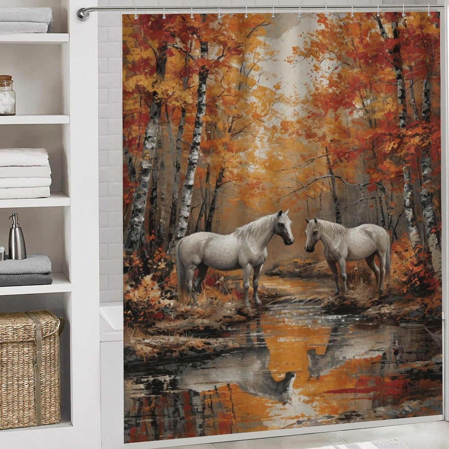 FOCCAFB Abstract Forest Horse Shower Curtain Sets with Non-Slip Rug, Toilet Lid Cover and Bath Mat, Nature River White Animal Shower Curtain Sets with 12 Hooks, Shower Curtain for Bathroom Set Decor