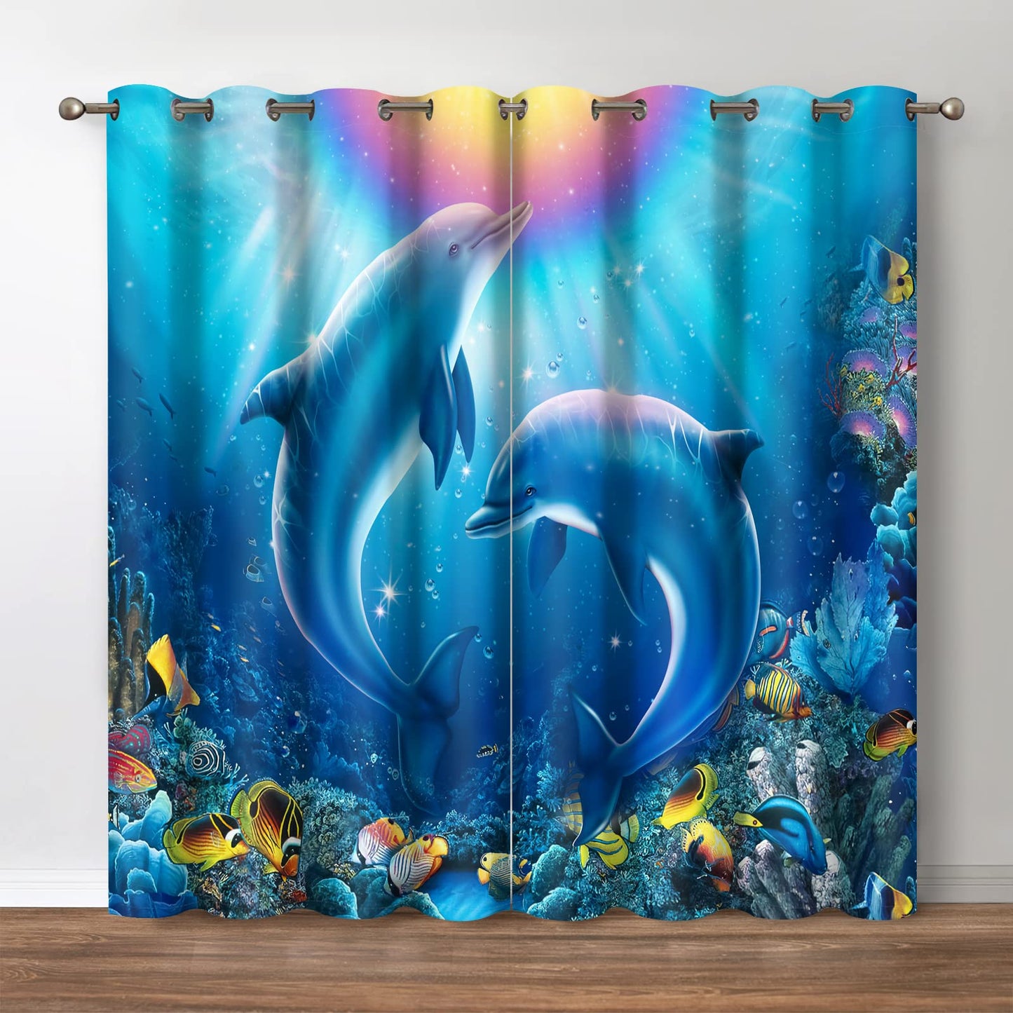 Jekeno Ocean Dolphin Blackout Curtains - Blue Underwater World Coral Tropical Sea Fish Landscape Decor House Bedroom Apartment Living Room Darkening Grommet Window Drapes 2 Panels Set,52x84 Inch