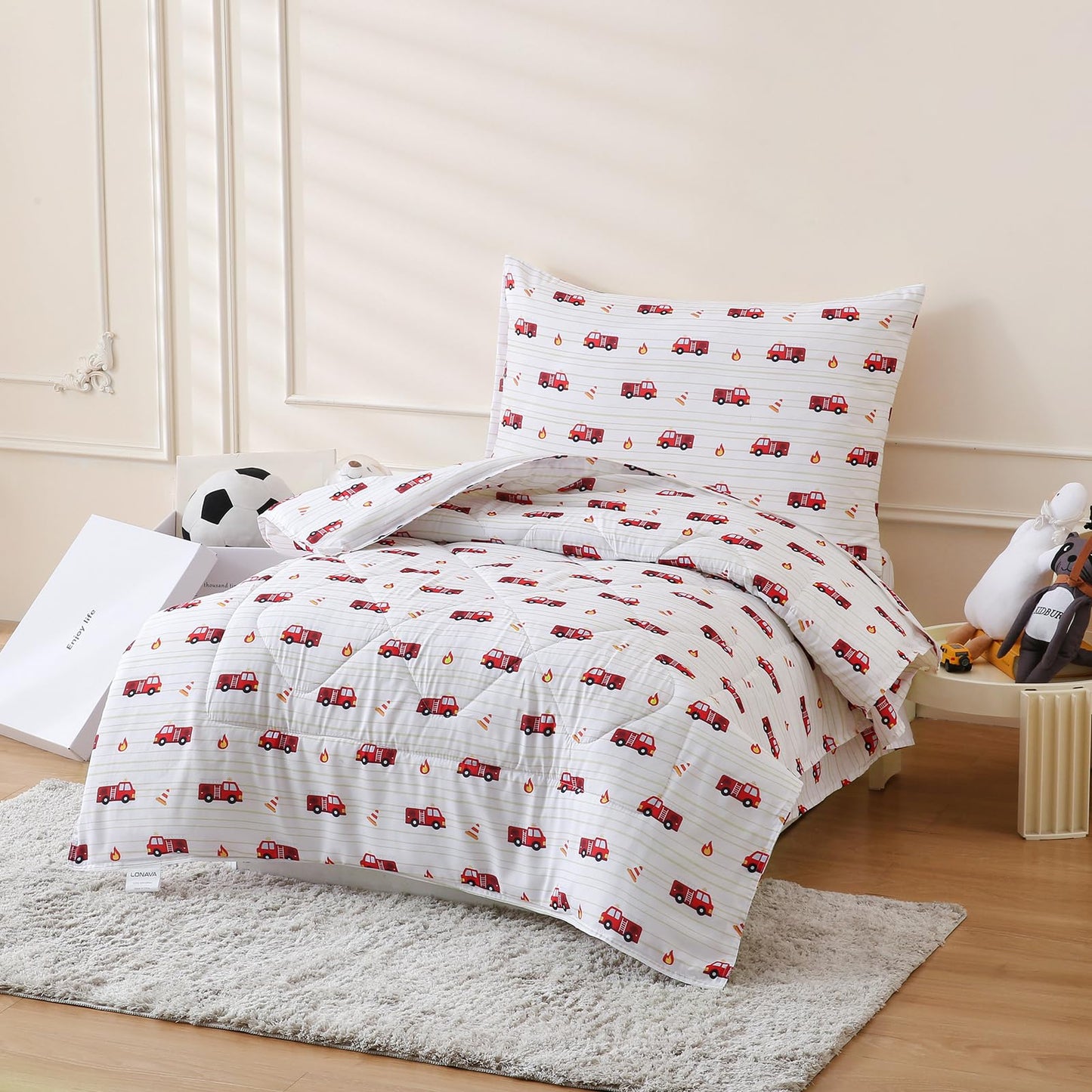 LONAVA Toddler Kids Comforter Set - 4 Pieces Toddler Bedding Sets for Boys Girls Children, Ultra Soft Microfiber Bed in A Bag with Flat Fitted Sheets, Fire Truck