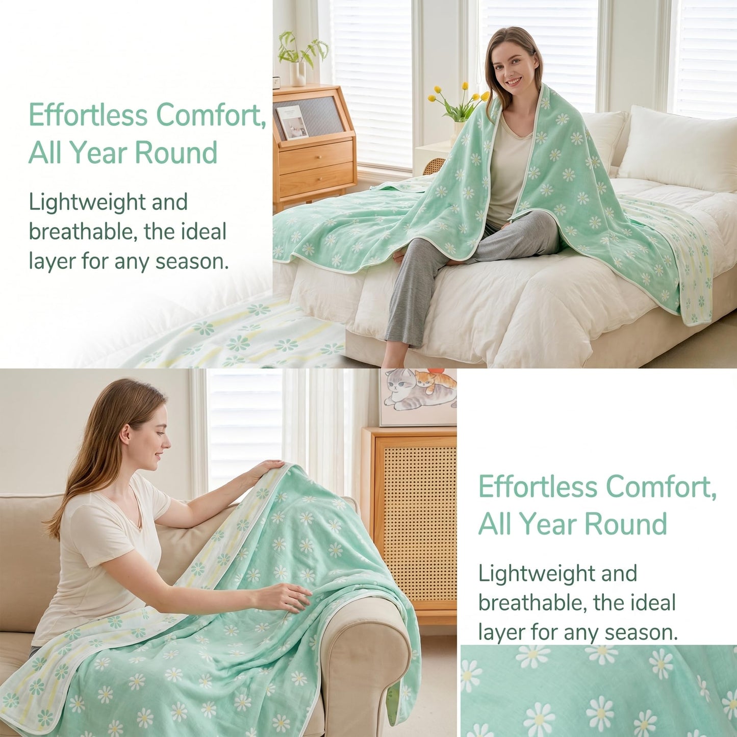 SANACYNA 6-Layer Gauze 100% Cotton Muslin Blankets for Adults Sunflower King 90"x104" Cooling Blanket Soft Breathable Blanket for Sofa Bed Coverlet All Seasons Both Sides (Green, King(90"x104"))¡­