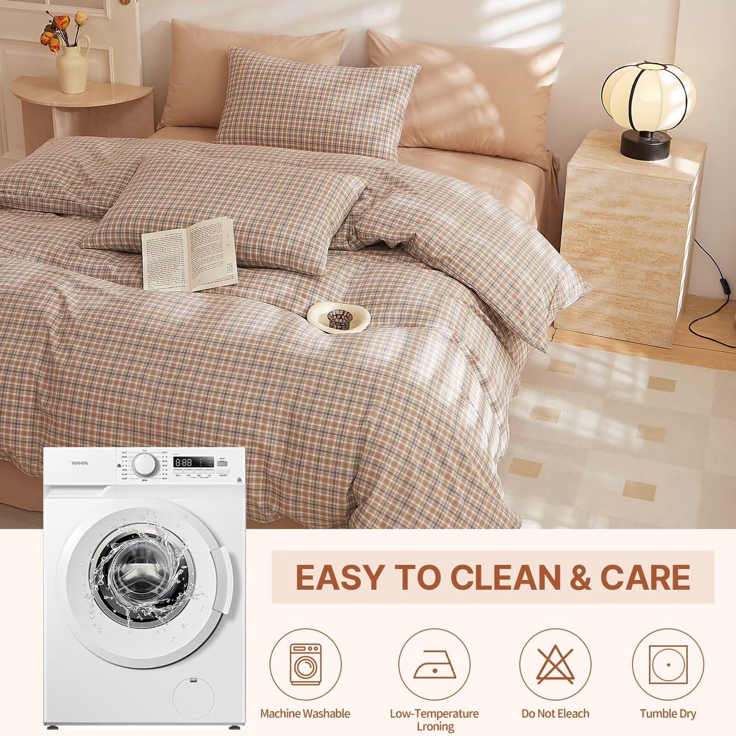 AMZTOP Plaid Queen Size Duvet Cover Set 100 Cotton,1 Duvet Cover and 2 Pillowcases,Soft Comfy Breathable Comforter Covers Bed Set,Washed Cotton Zipper Closure Queen Bedding 90"×90"
