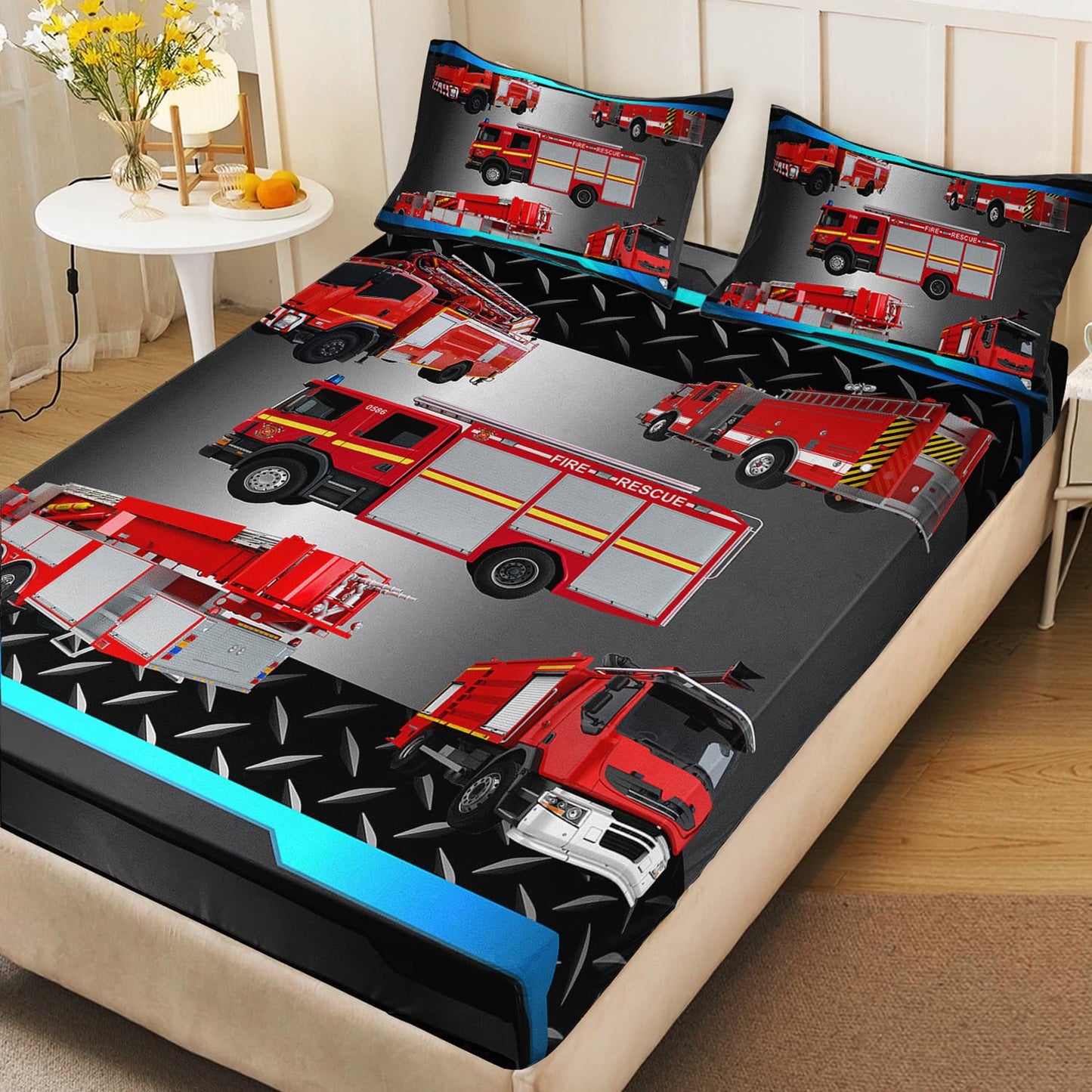 AILONEN Kids Fire Truck Fitted Sheet Set Twin Size, Red Fire Engine Bedding Set Perfect for Boys Bedroom,Firemen Car Vehicle Bed Sheet Set,3-Pieces,1 Fitted Sheet + 2 Pillowcases