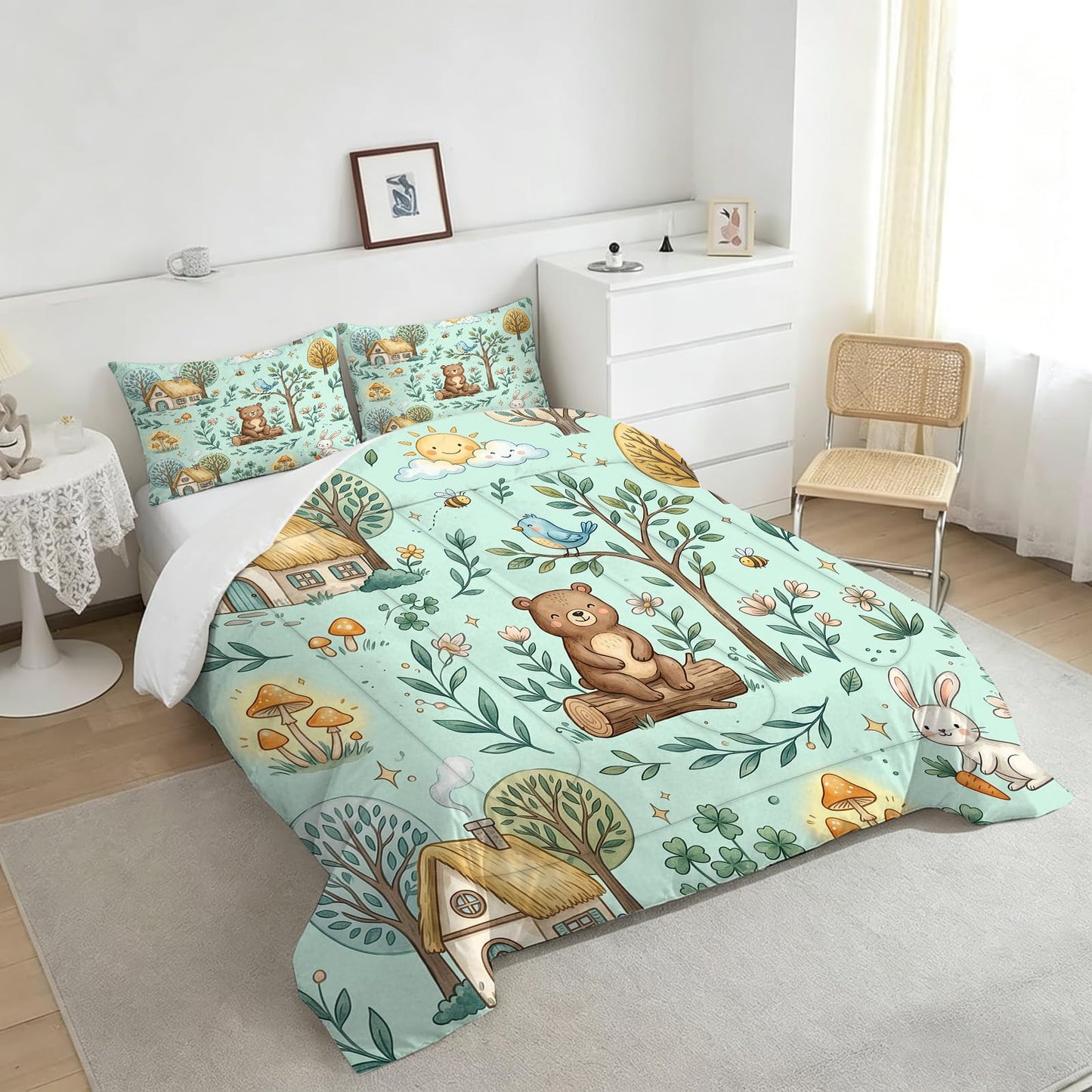 DJNEAR Cute Woodland Animal Comforter Set Twin Size, Bear and Rabbit Print for Kids Boys Girls Teens, Soft Microfiber Room Decor 1 Comforter 1 Pillowcase