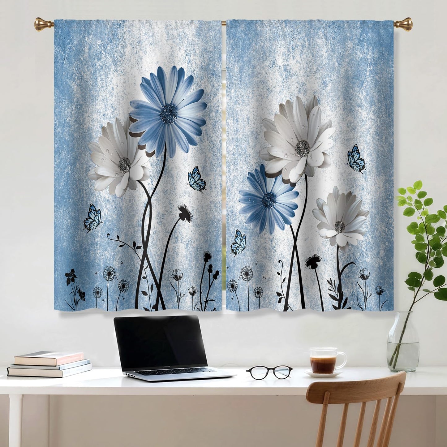 Cizuug Rustic Blue Daisy Floral Kitchen Curtains Farmhouse Flower Small Short Cafe Window Curtains Butterfly Country Rod Pocket Bathroom Window Drapes Treatment Tier Curtains 2 Panels (27.5x39 Inch)