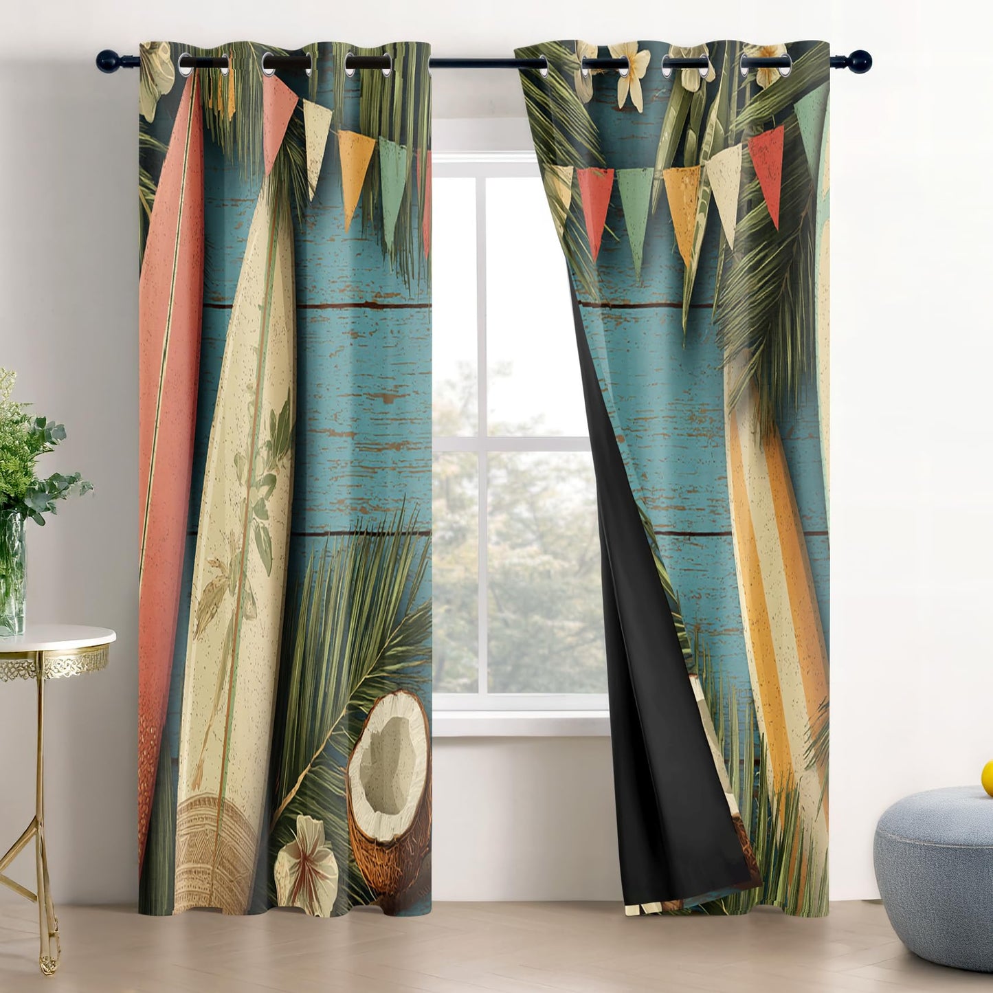 Solvivae Tropical Coastal Blackout Curtains for Bedroom Living Room, Beach Palm Hawaiian Patterned Window Treatments, Room Darkening Thermal Insulated Grommet Drapes, 63 Inch Curtains 2 Panel Set
