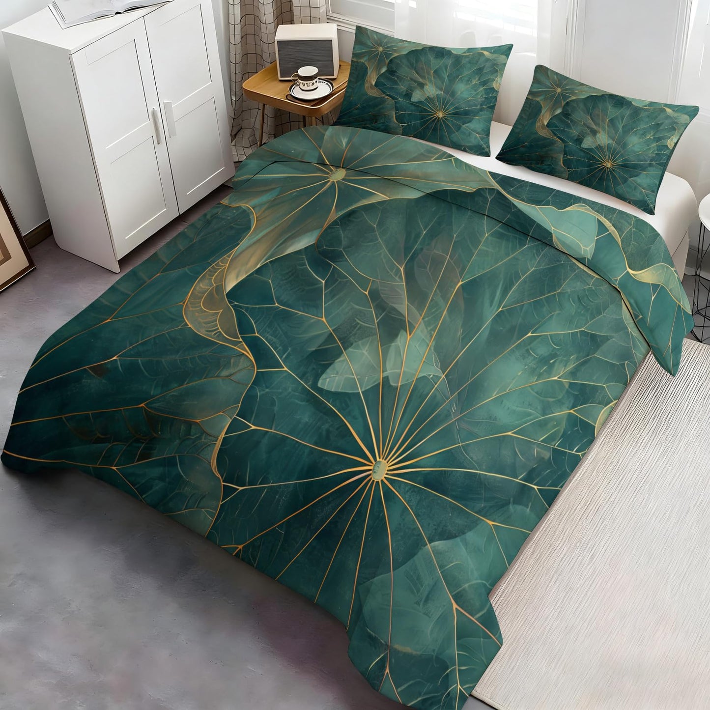 ZAMODE Lotus Leaf Duvet Cover Oversized King Size, Natural Botanical Leaves Comforter Cover 120" x 98", Green Plant Bedding Set with 2 Pillowcases
