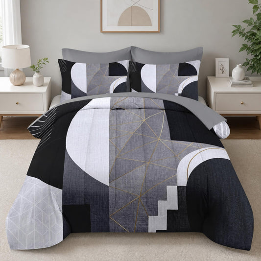 Boewywh Comforter Set Twin Size Geometric Modern Abstract 7 Pcs, Bedding for Kids and Adults, Minimalist Gold Bed Sheet Sets with Fitted Sheet 2 Pillowcases & 2 Shams for Bedroom Bed Decor