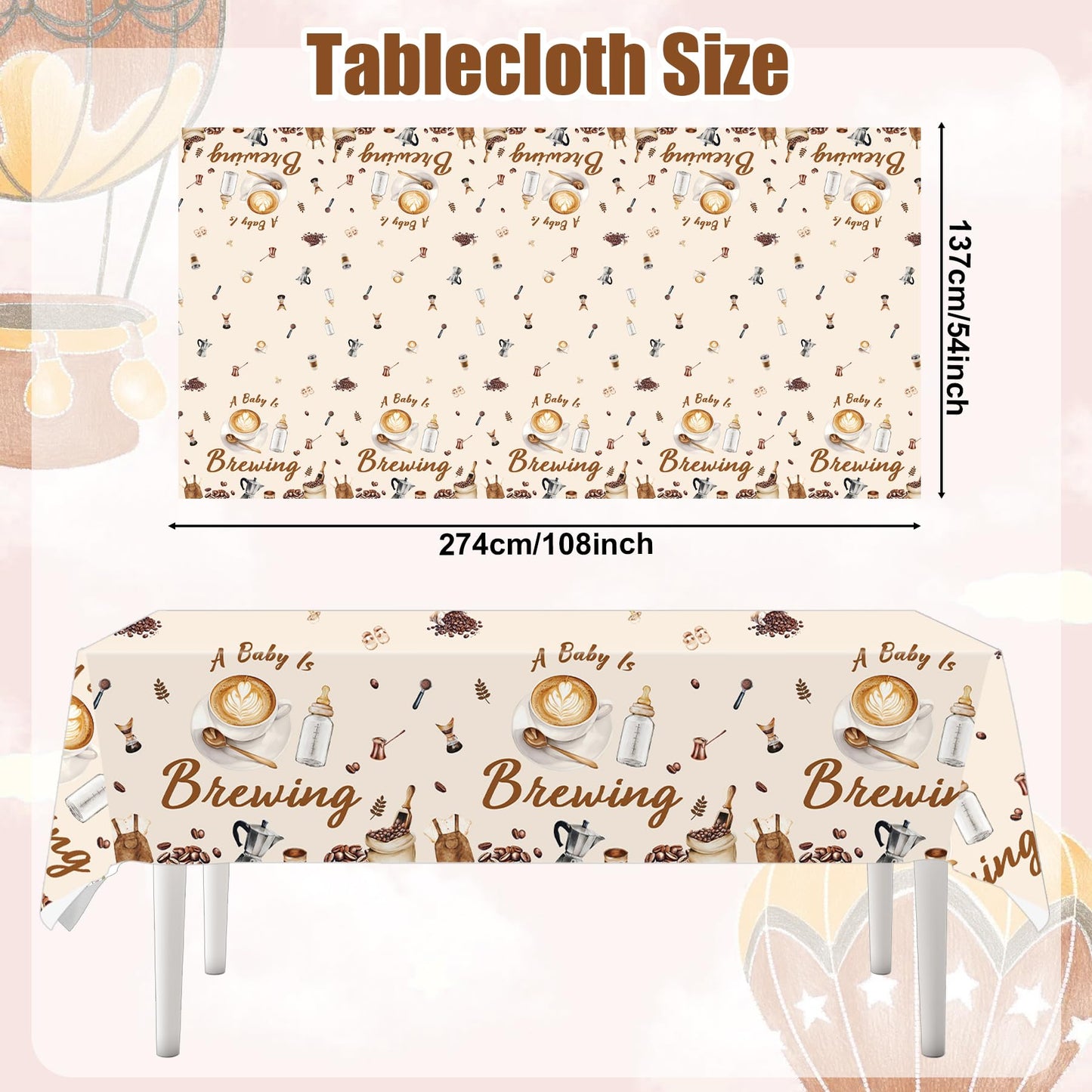Lianxuia 3Pcs Coffee Baby Shower Plastic Tablecloth, 54 x 108 Inch A Baby is Brewing Table Cover, Disposable Coffee Themed Party Table Cloth for Gender Reveal, Baby Shower Decorations
