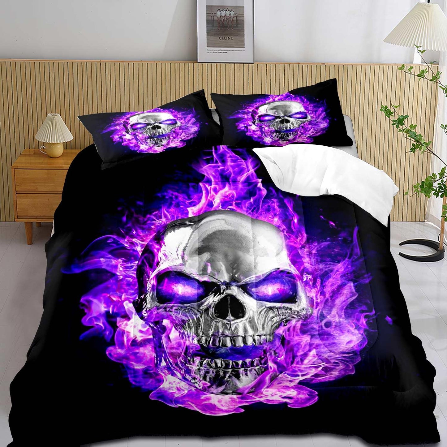 LUVIVIHOME 3PCS Skull Comforter Set King Size, Purple Fire Skull Bedding Sets, Cool 3D Flame Skeleton Cool Bedroom Decor for Men Teen Boys, Soft Microfiber Black Quilt, 2 Pillow Shams