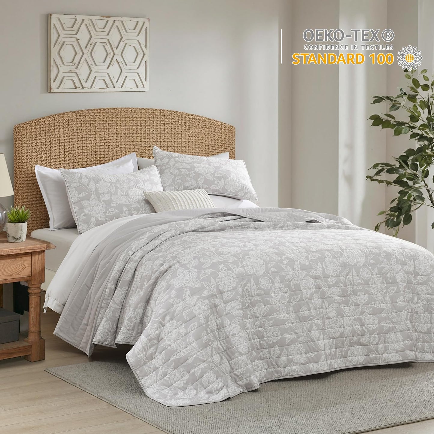 HORIMOTE HOME Floral Quilt Set Queen Size 3 Pieces, Grey Flower Fine Printed Reversible Botanical Bedspreads Bedding Sets, Soft and Lightweight Bed Coverlet for All Season