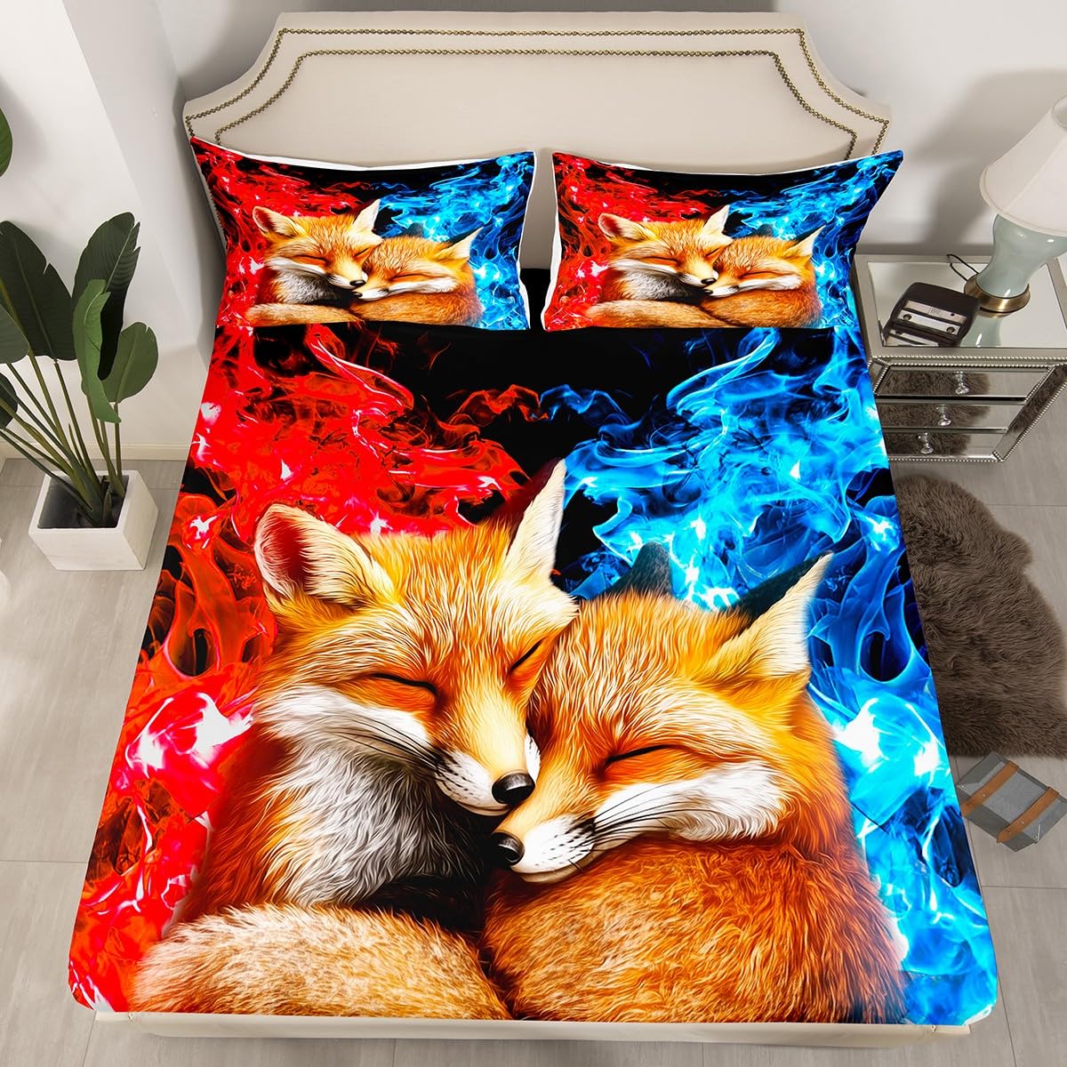 Erosebridal Cute Fox Flat Fitted Sheet Wild Animals Bed Set for Boys,Abstract Art Smoking Bed Sheets Set, Red Blue Bedding Sets Full for Kids Children Home Decor, with 2 Pillow Cases