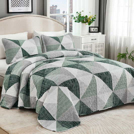 Dintszyayue Quilt Queen Size Green, 3 Pieces Patchwork Bedspread Bedding for Queen Size Bed, Soft Lightweight Microfiber Geometric Coverlet Set for All Season Quilt with 2 Pillowcases