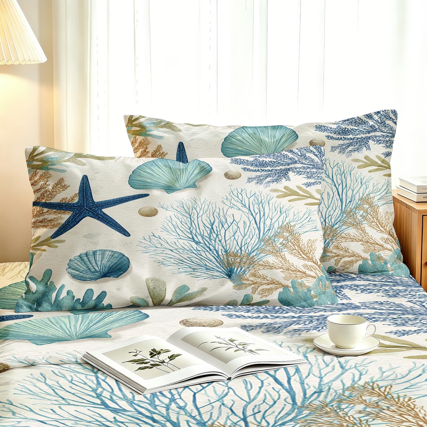Seashell Coral Full Sheet Set 4 Pcs Coastal Bed Sheets
