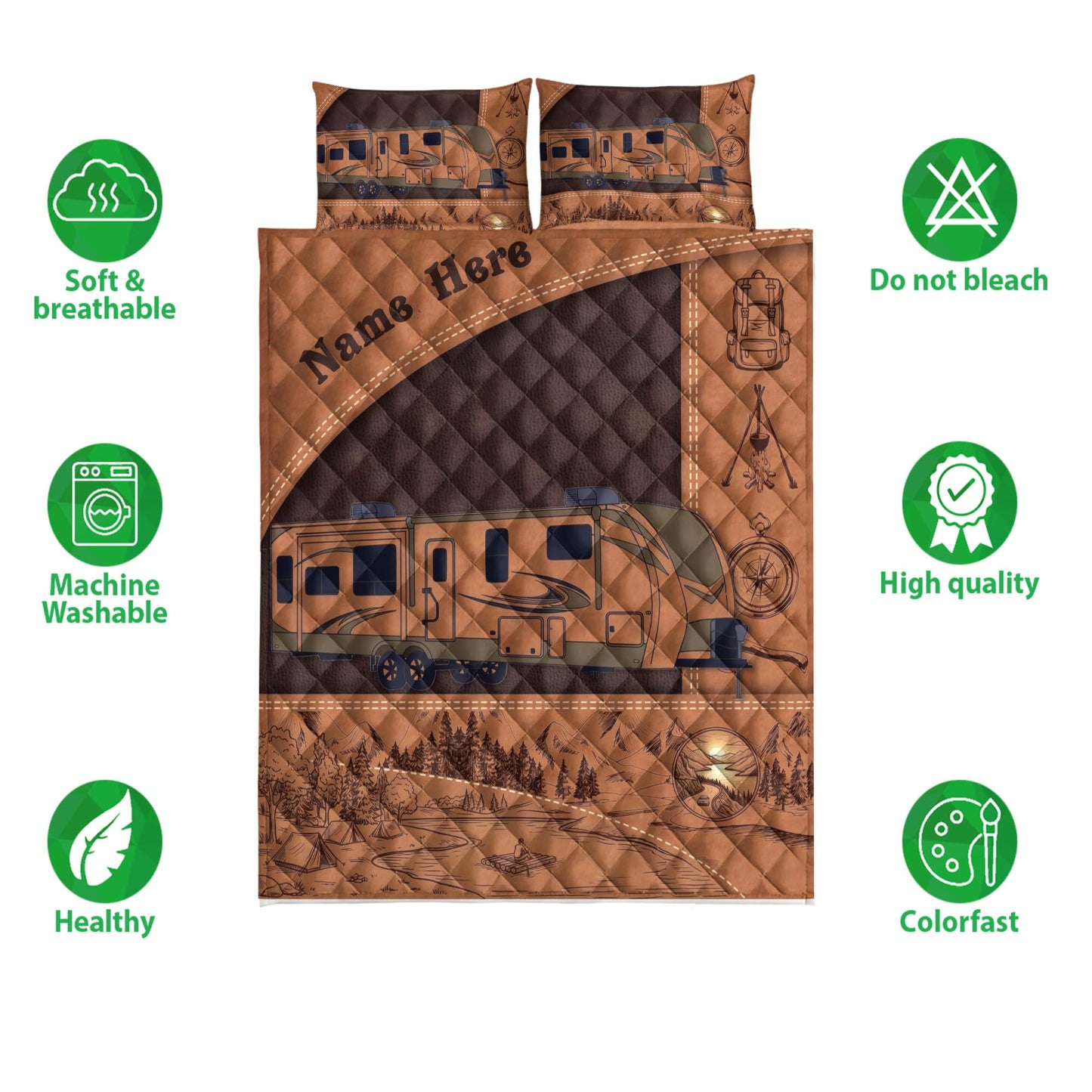OhaPrints Custom Camping Lover Camper Travel Trailer Brown Personalized Name Quilt Blanket & Pillowcases, Quilts Bedding Set & Pillow Cover, King Queen Double Twin Throw Full Size Bedspread Bed Sets